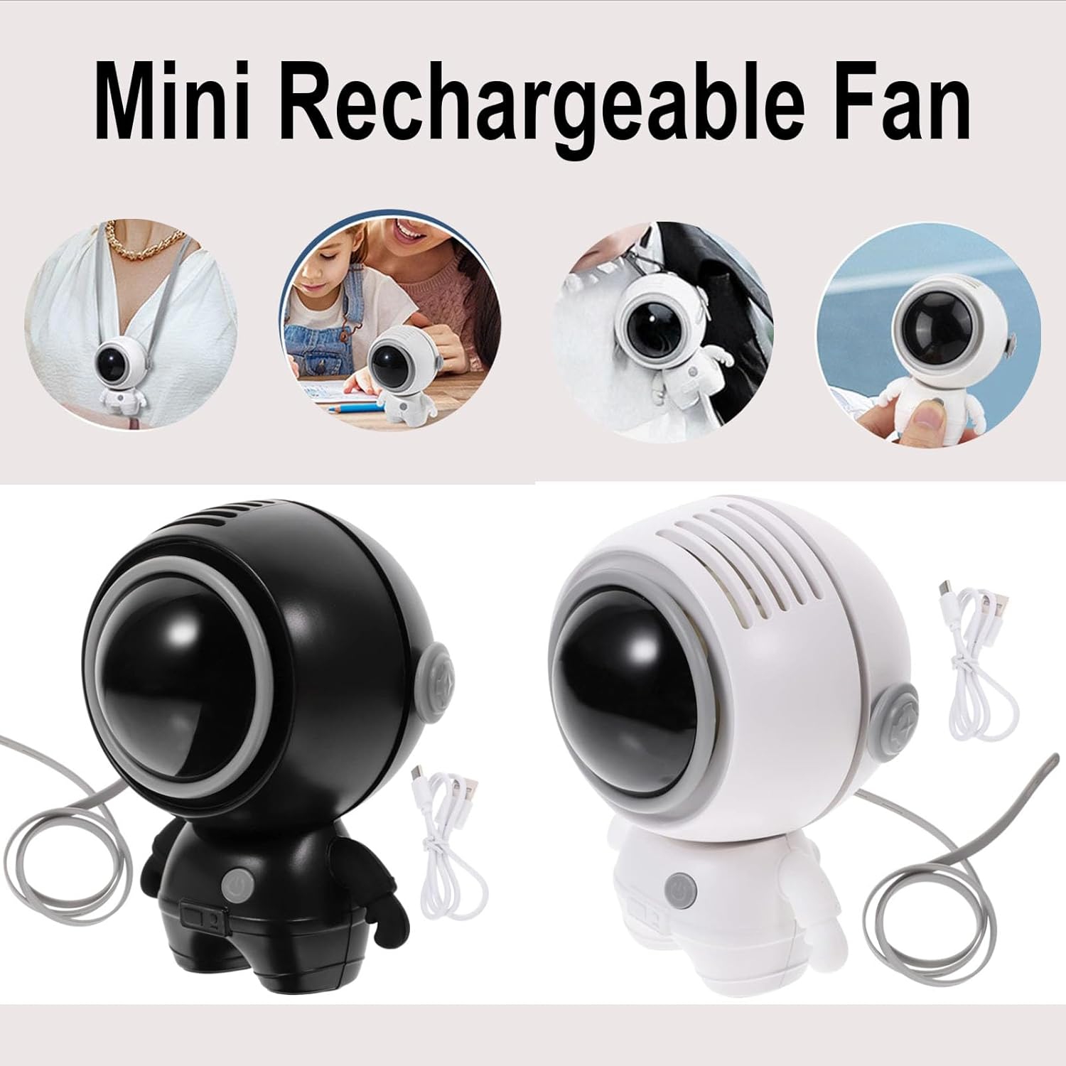 Cooling artifact astronaut, cartoon neck hanging handheld cute mini fan, portable neck fan, 3 speed USB rechargeable