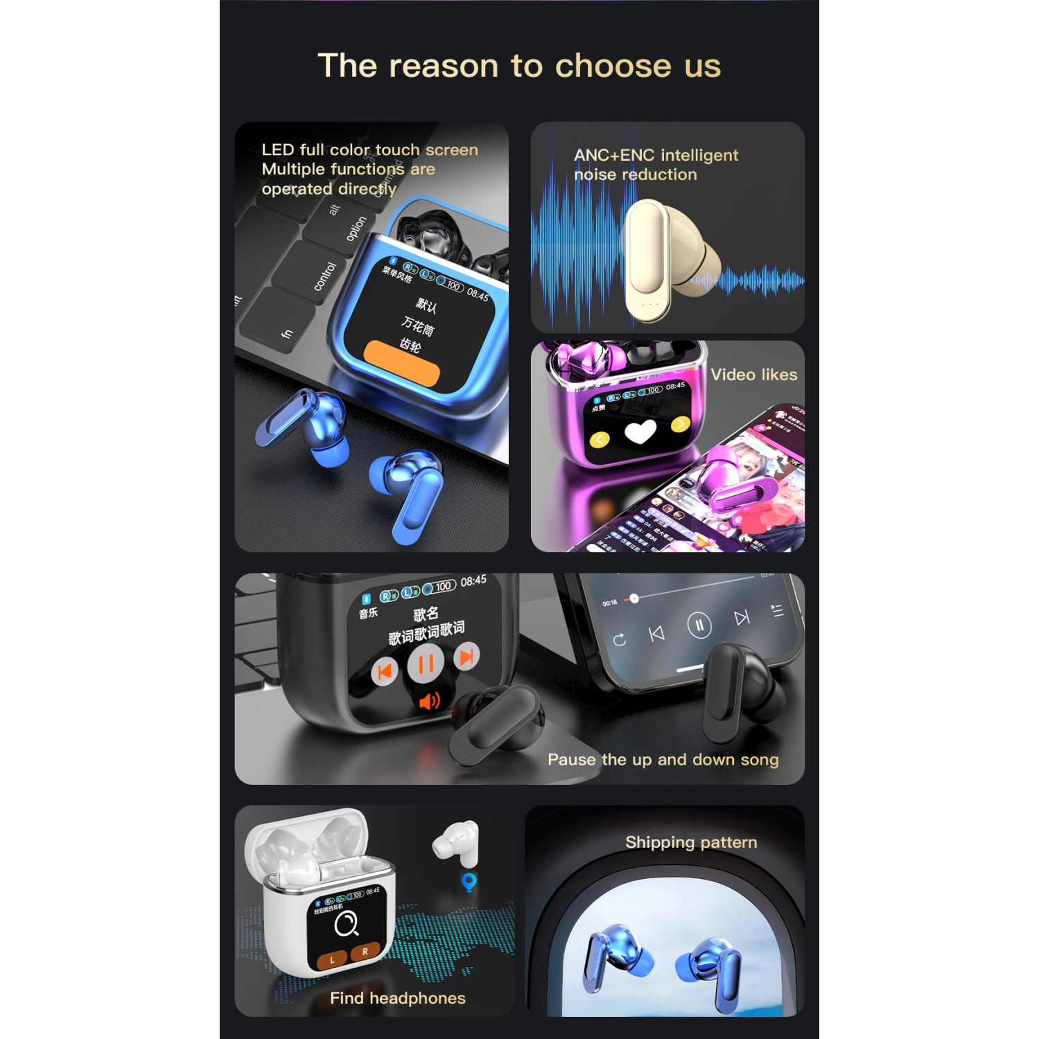 Écouteurs boutons sans fil Bluetooth 5,4 avec écouteurs boutons Touch Sound de LED avec microphone Écouteurs bouton étanches IPX5 Écran tactile