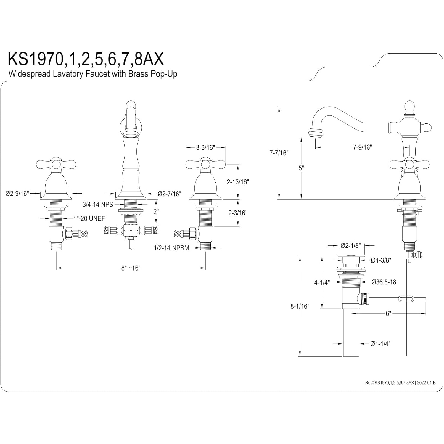 Laiton KINGSTON KS1976AX 8&nbsp;po Robinet de salle de bain large, nickel poli