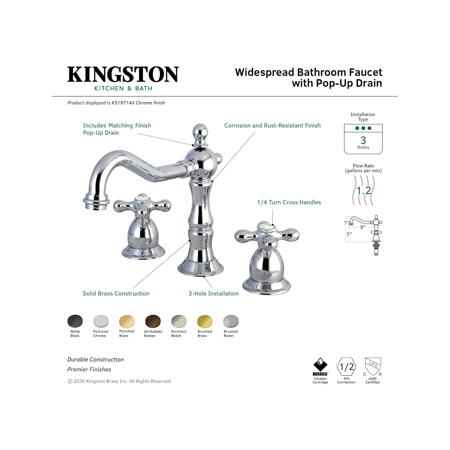 Laiton KINGSTON KS1976AX 8&nbsp;po Robinet de salle de bain large, nickel poli