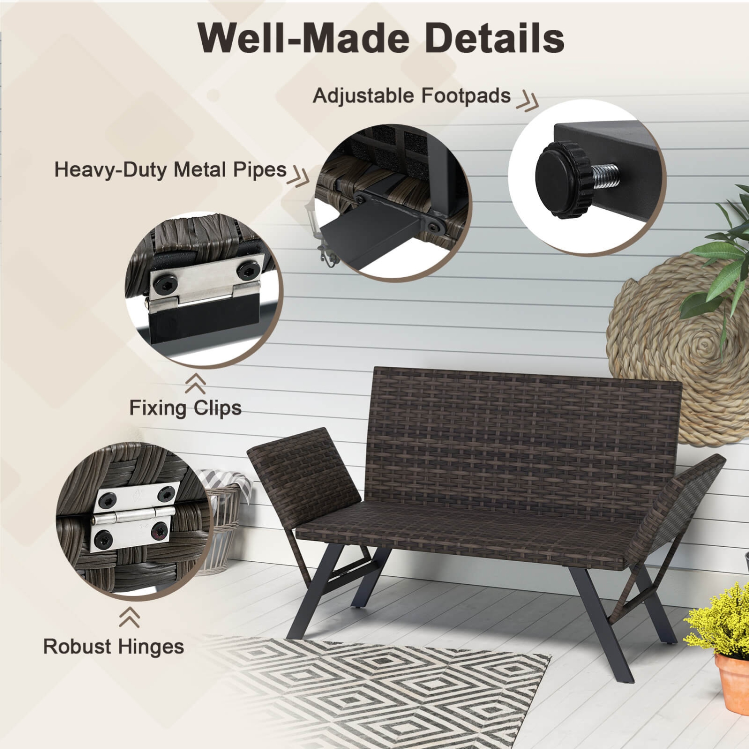 Costway Patio Convertible Sofa for 2 with Adjustable Armrests Metal Frame Wicker Couch