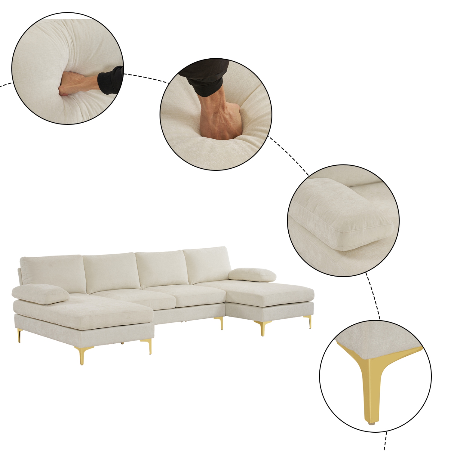 Karl Home 110 in. U-shaped Chenille Sectionals in Cream