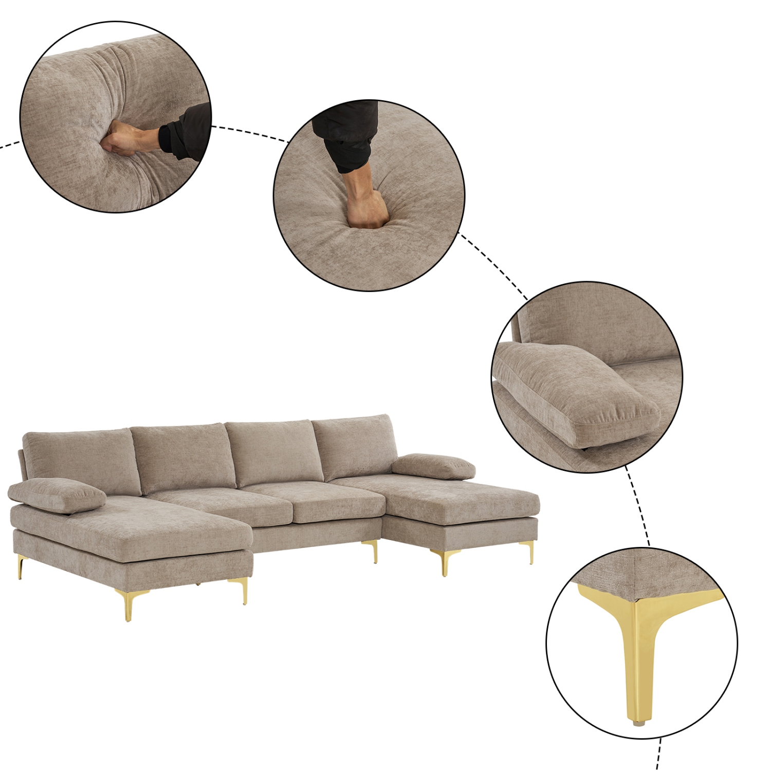 Karl Home 110 in. U-shaped Chenille Sectionals in Kakhi