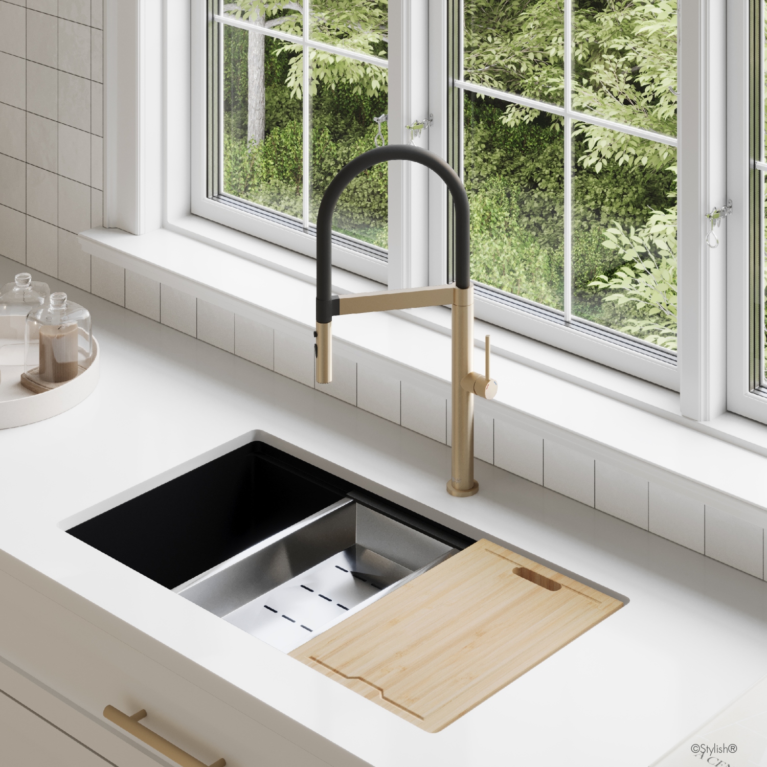 Single Handle Brushed Gold with Black Spout Hose Pull Out Three Modes Kitchen Faucet K-140G