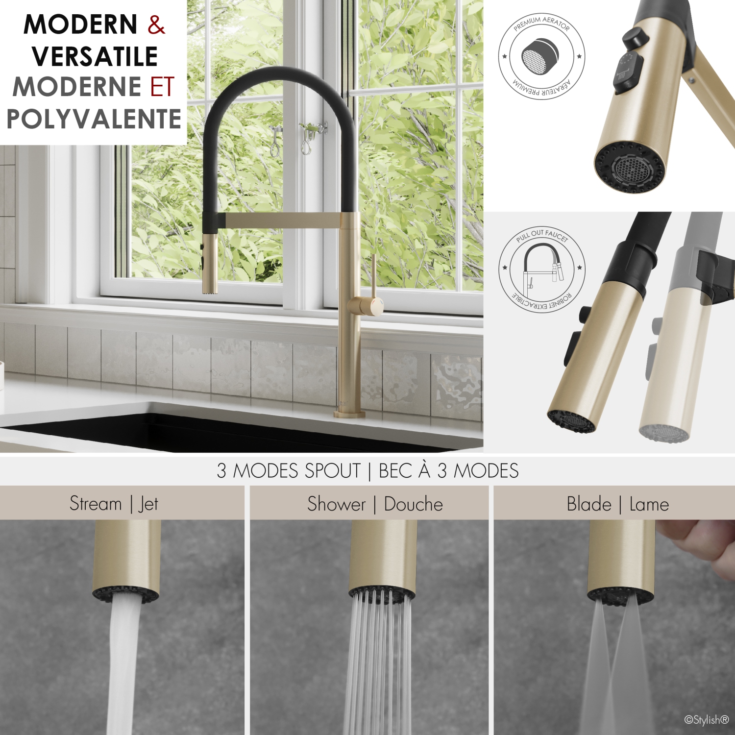 Single Handle Brushed Gold with Black Spout Hose Pull Out Three Modes Kitchen Faucet K-140G