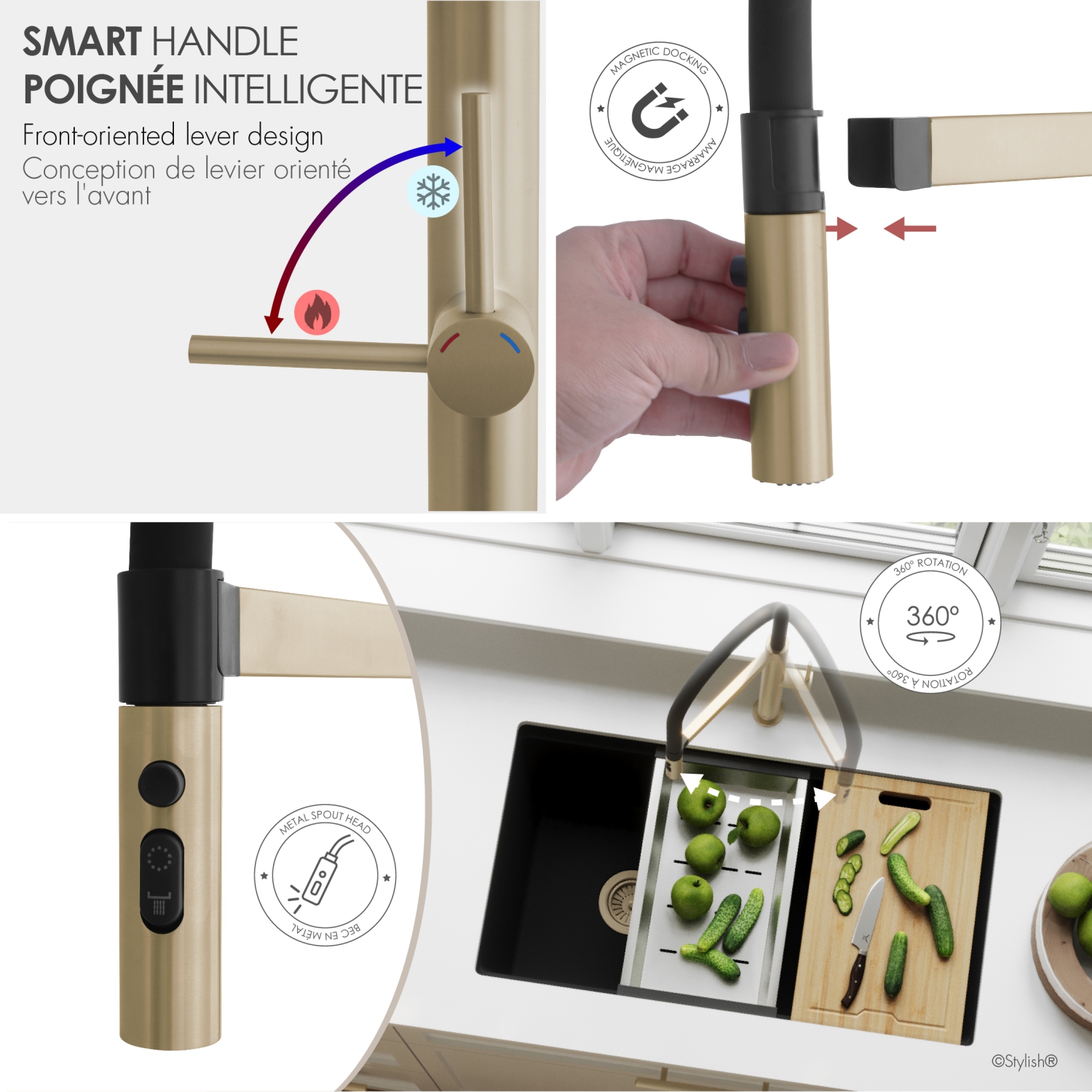 Single Handle Brushed Gold with Black Spout Hose Pull Out Three Modes Kitchen Faucet K-140G