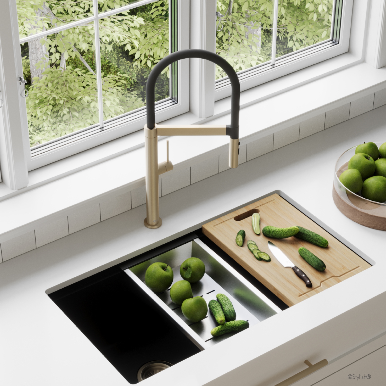 Single Handle Brushed Gold with Black Spout Hose Pull Out Three Modes Kitchen Faucet K-140G
