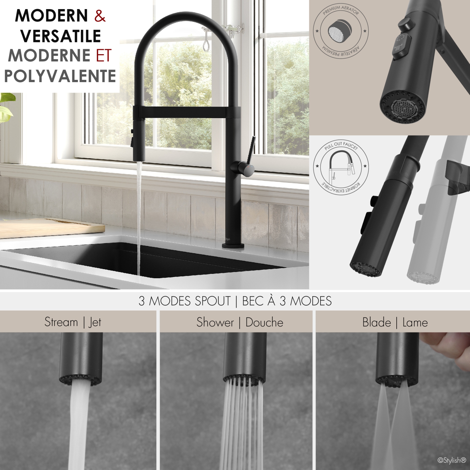 Single Handle Matte Black Pull Out Three Modes Kitchen Faucet K-140N