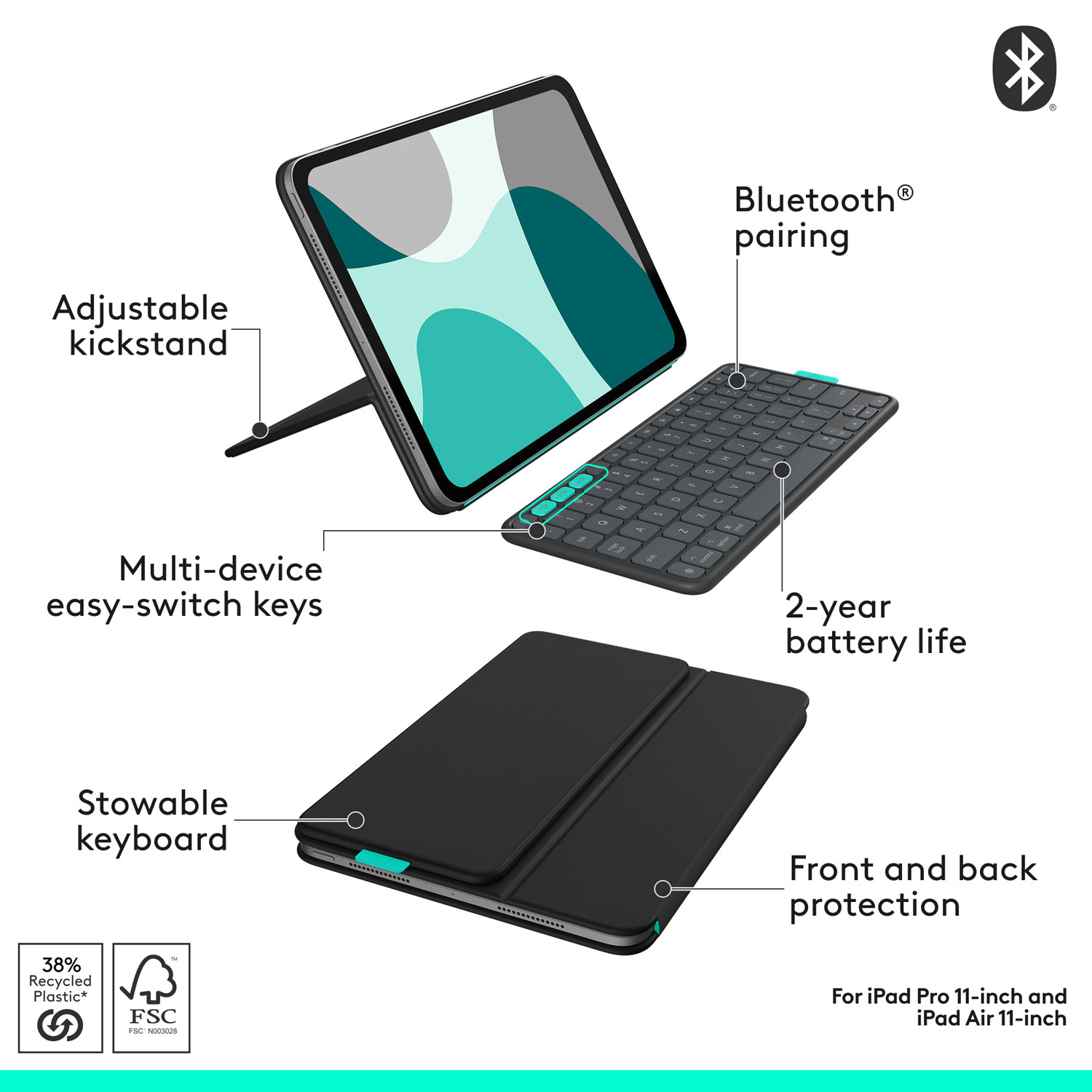 Logitech Flip Folio Keyboard Case for iPad Pro 11"/Air 11" (M2/M3)/iPad Air (5th Gen) - Graphite