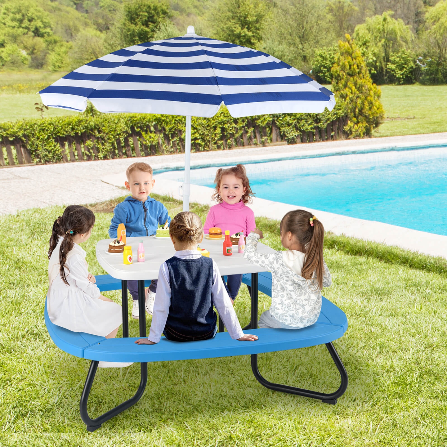 Costway Kids Picnic Table Outdoor Activity Table with Adjustable & Collapsible Umbrella Blue/White/Brown