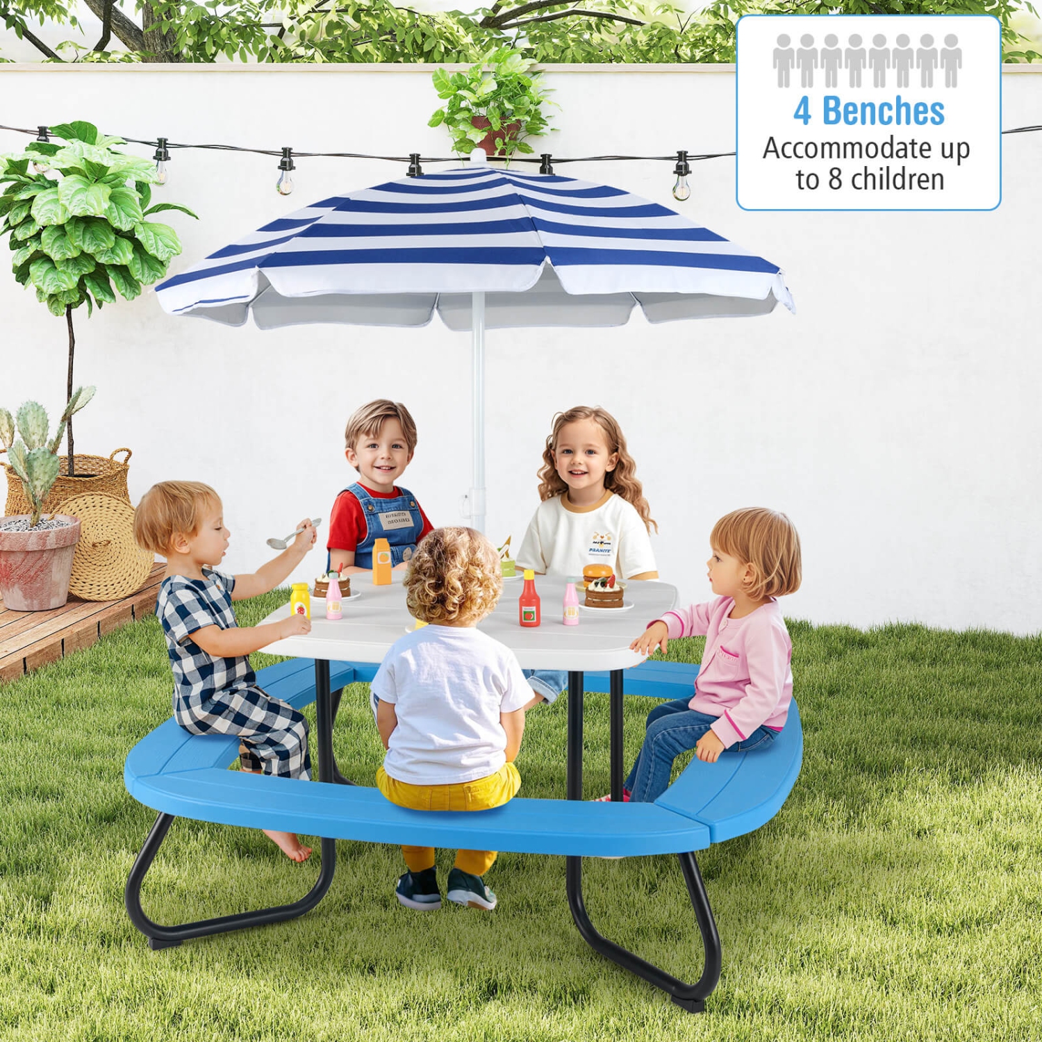 Costway Kids Picnic Table Outdoor Activity Table with Adjustable & Collapsible Umbrella Blue/White/Brown