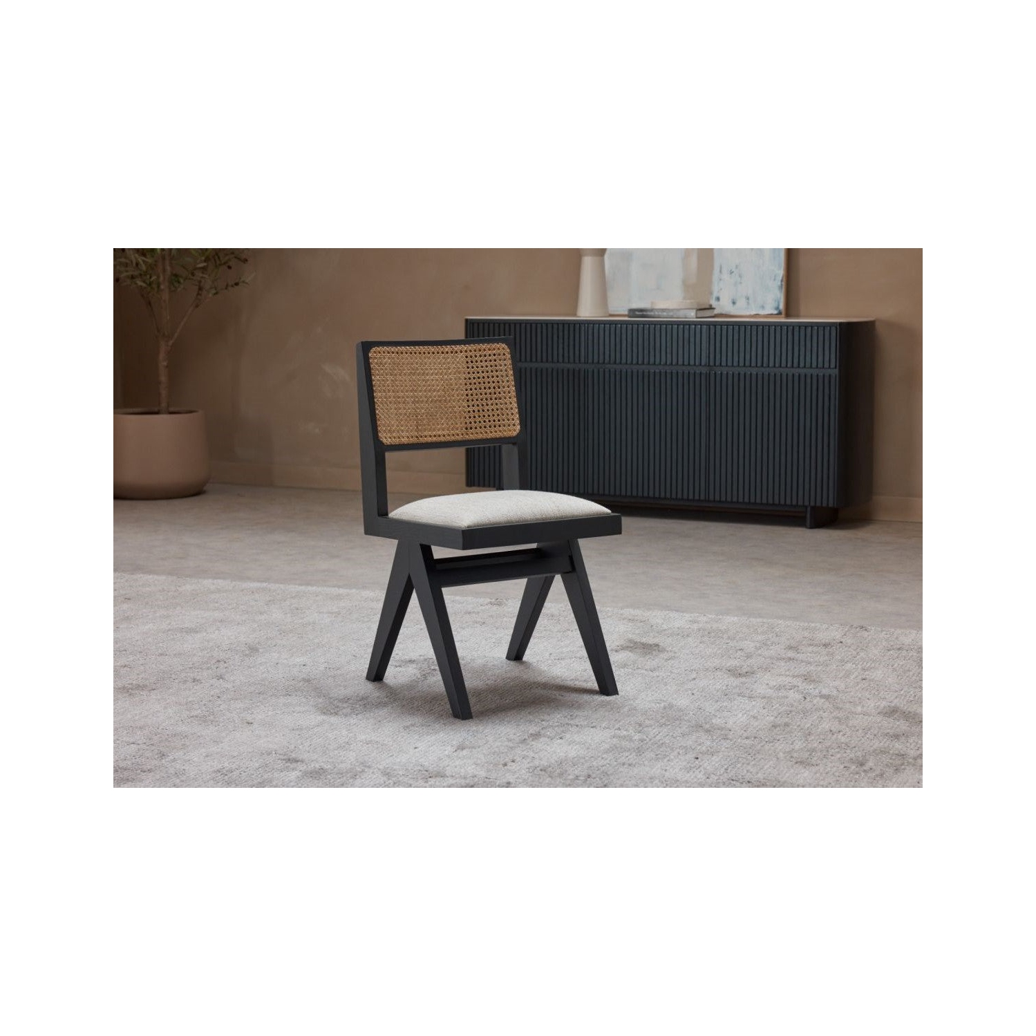 Valencia Alaya Oak Wood Natural Cane Dining Chair, Black