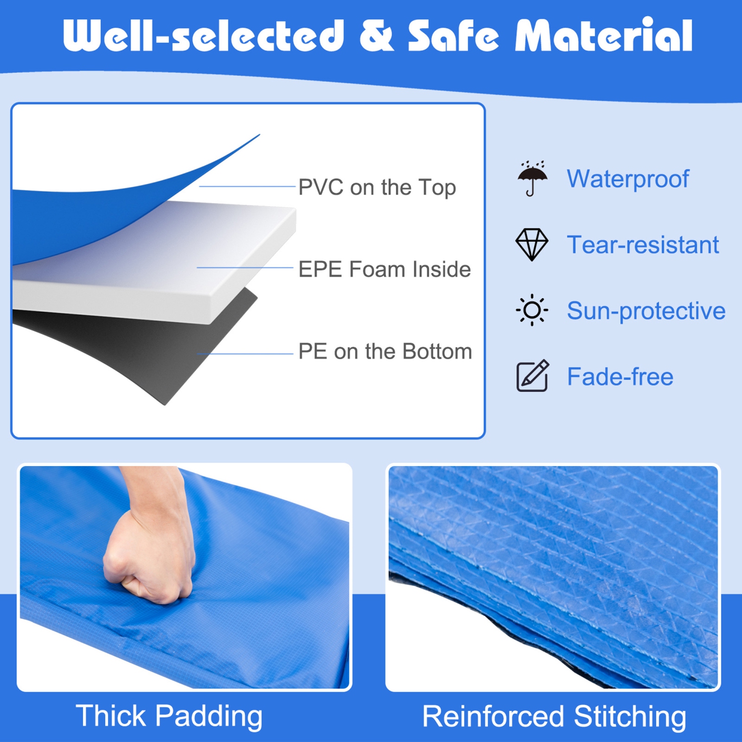 Gymax 8FT Trampoline Replacement Safety Pad Universal Trampoline Cover Blue