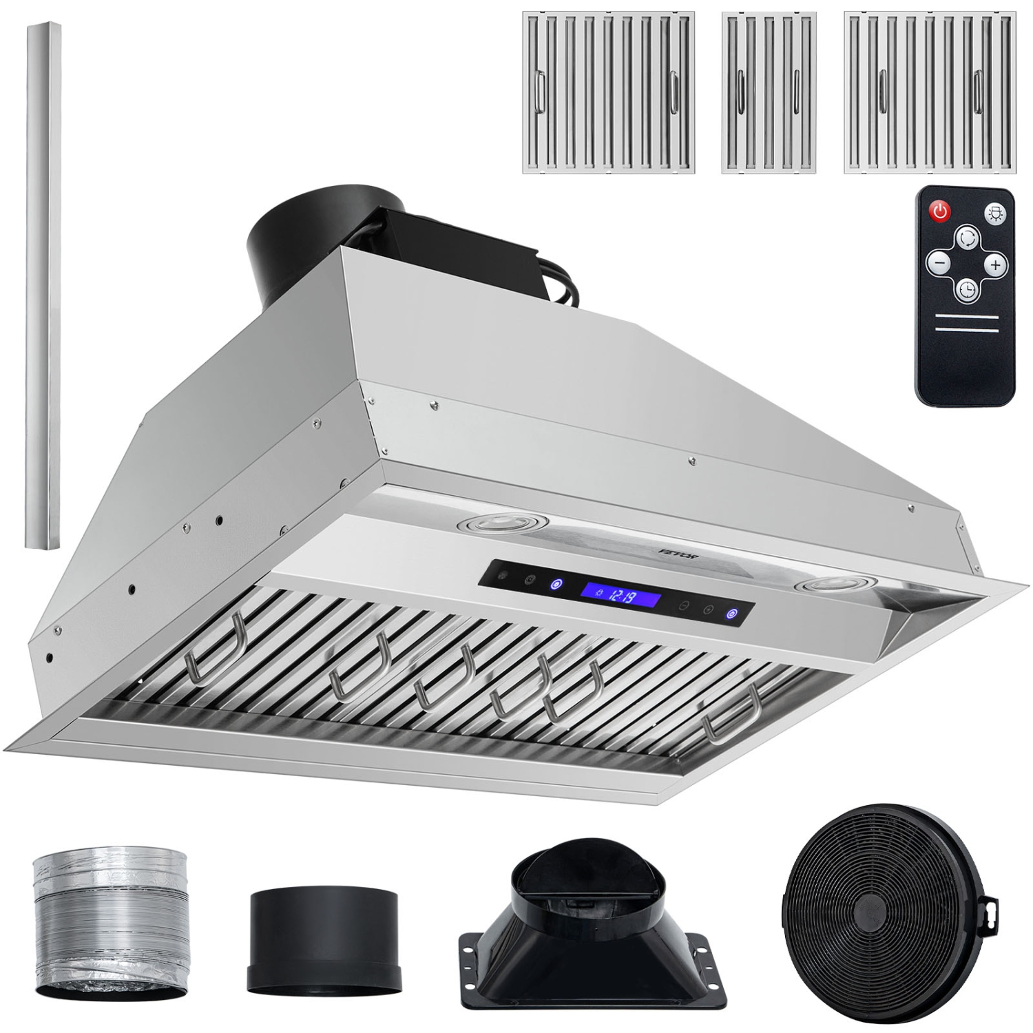 VEVOR 900CFM Insert Range Hood, 4-Speed, 30 Inch Stainless Steel Built-in Kitchen Vent with Touch & Remote Control LED Lights Baffle Filters,
