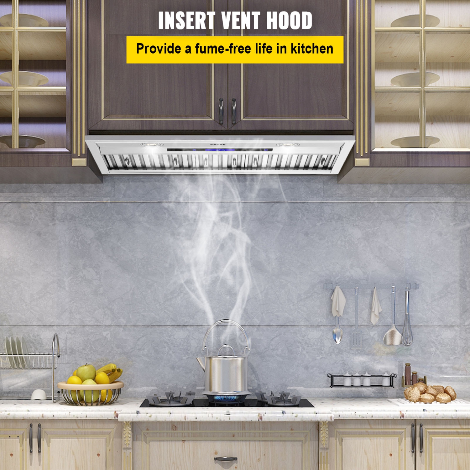 VEVOR 900CFM Insert Range Hood, 4-Speed, 30 Inch Stainless Steel Built-in Kitchen Vent with Touch & Remote Control LED Lights Baffle Filters,