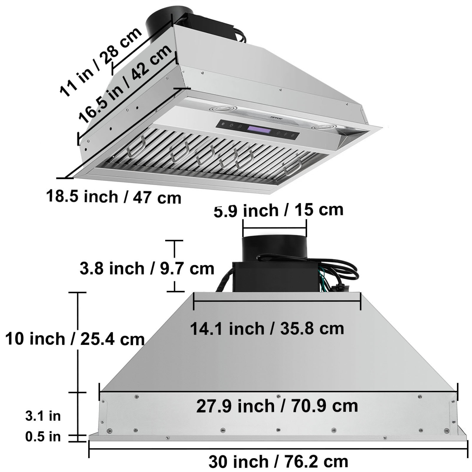 VEVOR 900CFM Insert Range Hood, 4-Speed, 30 Inch Stainless Steel Built-in Kitchen Vent with Touch & Remote Control LED Lights Baffle Filters,
