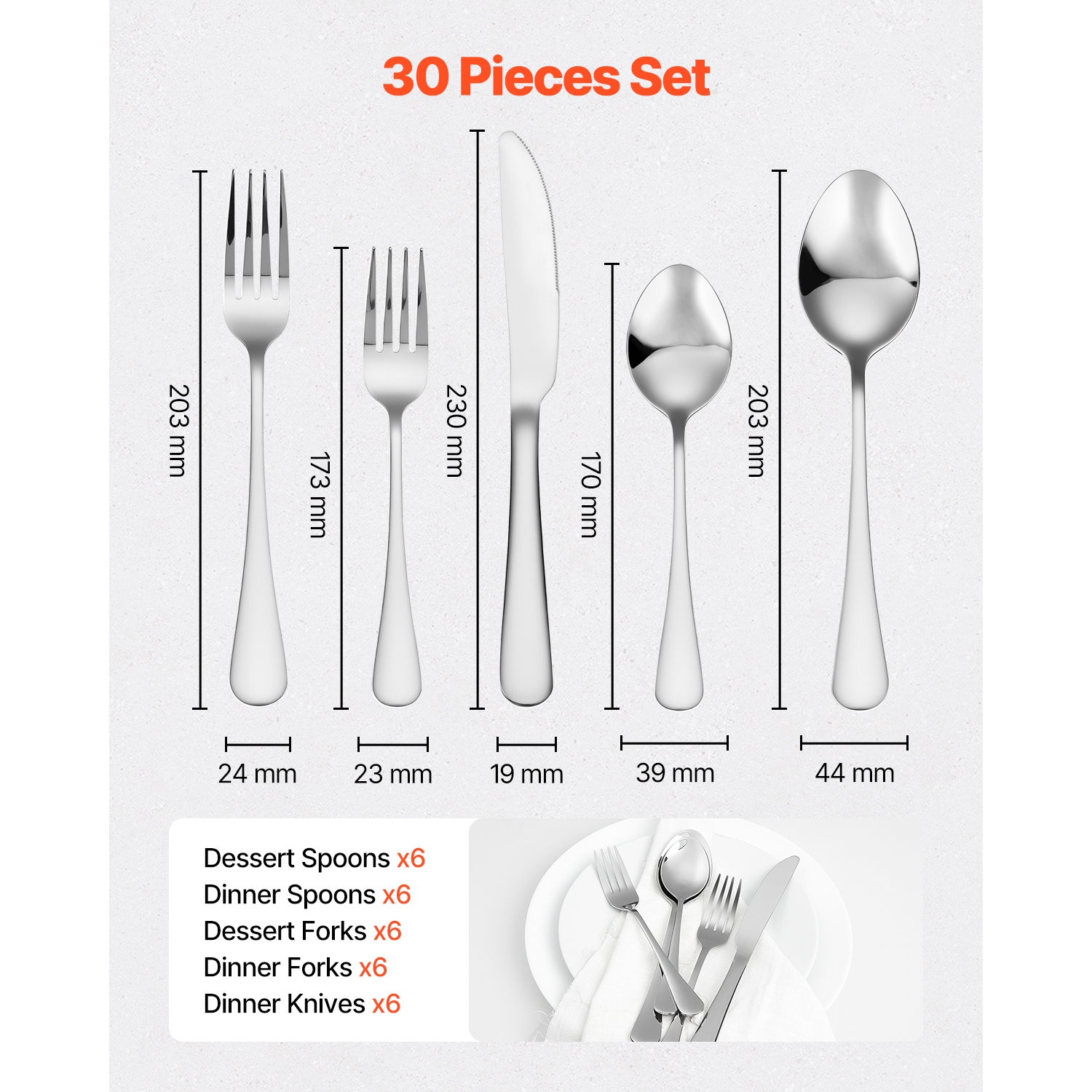 VEVOR 30-Piece Silverware Set, Food-Grade Stainless Steel Flatware Utensils, Mirror Finished Cutlery Set, Dishwasher Safe Eating Tableware for