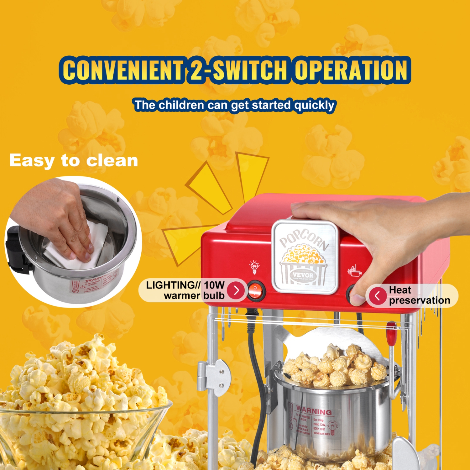 VEVOR 300W Popcorn Maker, Popcorn Popper Machine, 2.5 Oz Kettle Makes 4 QT per Batch, Tabletop Popcorn Maker with PP Door, Includes 2 Scoops and