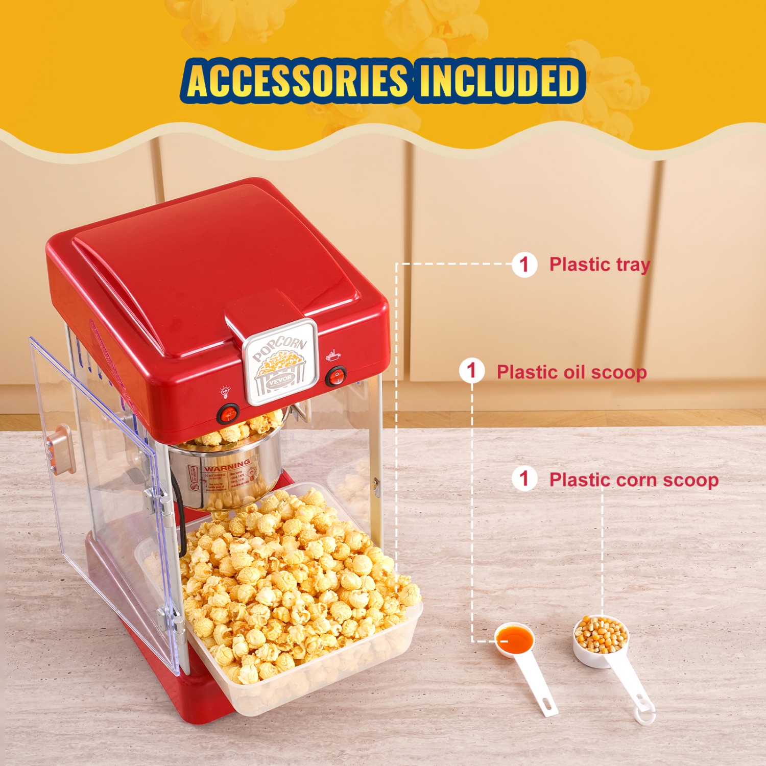 VEVOR 300W Popcorn Maker, Popcorn Popper Machine, 2.5 Oz Kettle Makes 4 QT per Batch, Tabletop Popcorn Maker with PP Door, Includes 2 Scoops and