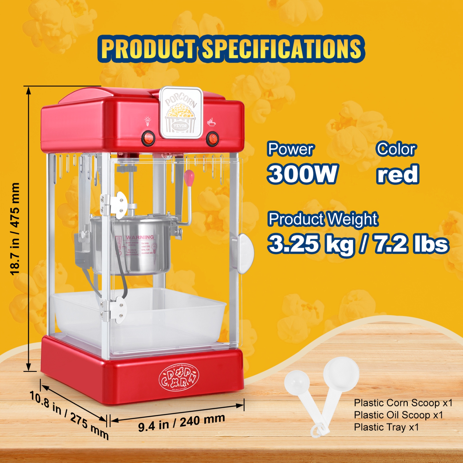 VEVOR 300W Popcorn Maker, Popcorn Popper Machine, 2.5 Oz Kettle Makes 4 QT per Batch, Tabletop Popcorn Maker with PP Door, Includes 2 Scoops and
