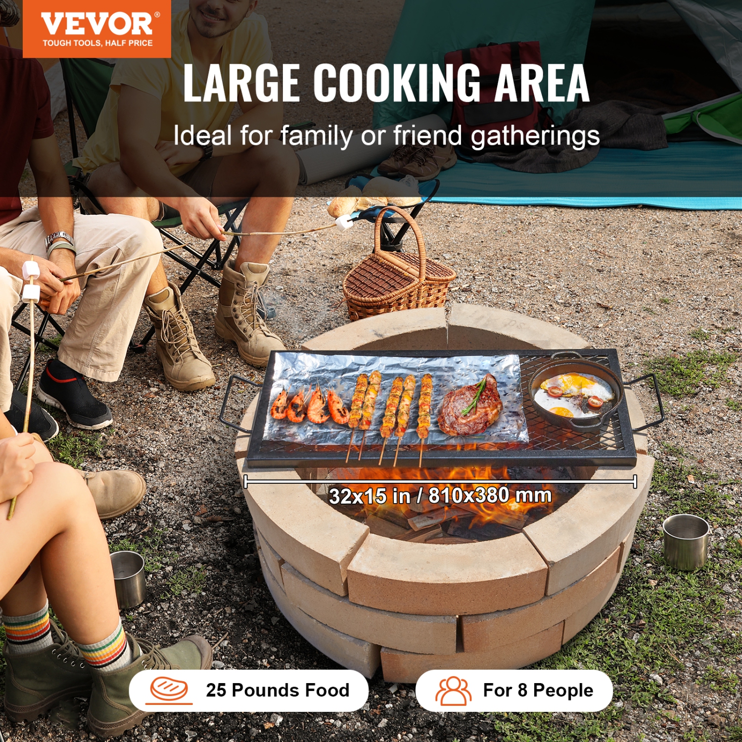 VEVOR 32 Inch X-Marks Fire Pit Grill Grate, Rectangle Cooking Grate, Heavy Duty Steel Campfire BBQ Grill Grid with Handle & Support X Wire, Portable