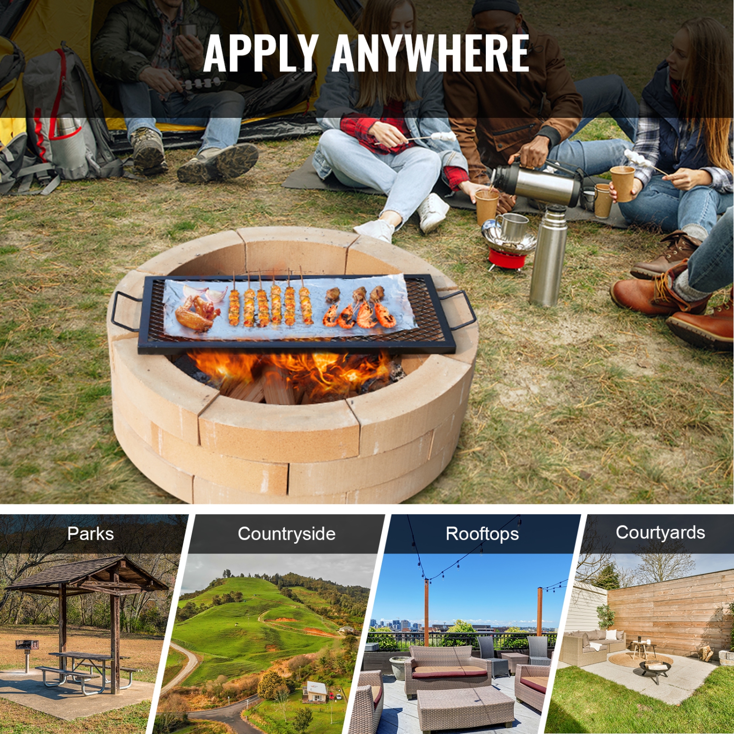 VEVOR 32 Inch X-Marks Fire Pit Grill Grate, Rectangle Cooking Grate, Heavy Duty Steel Campfire BBQ Grill Grid with Handle & Support X Wire, Portable