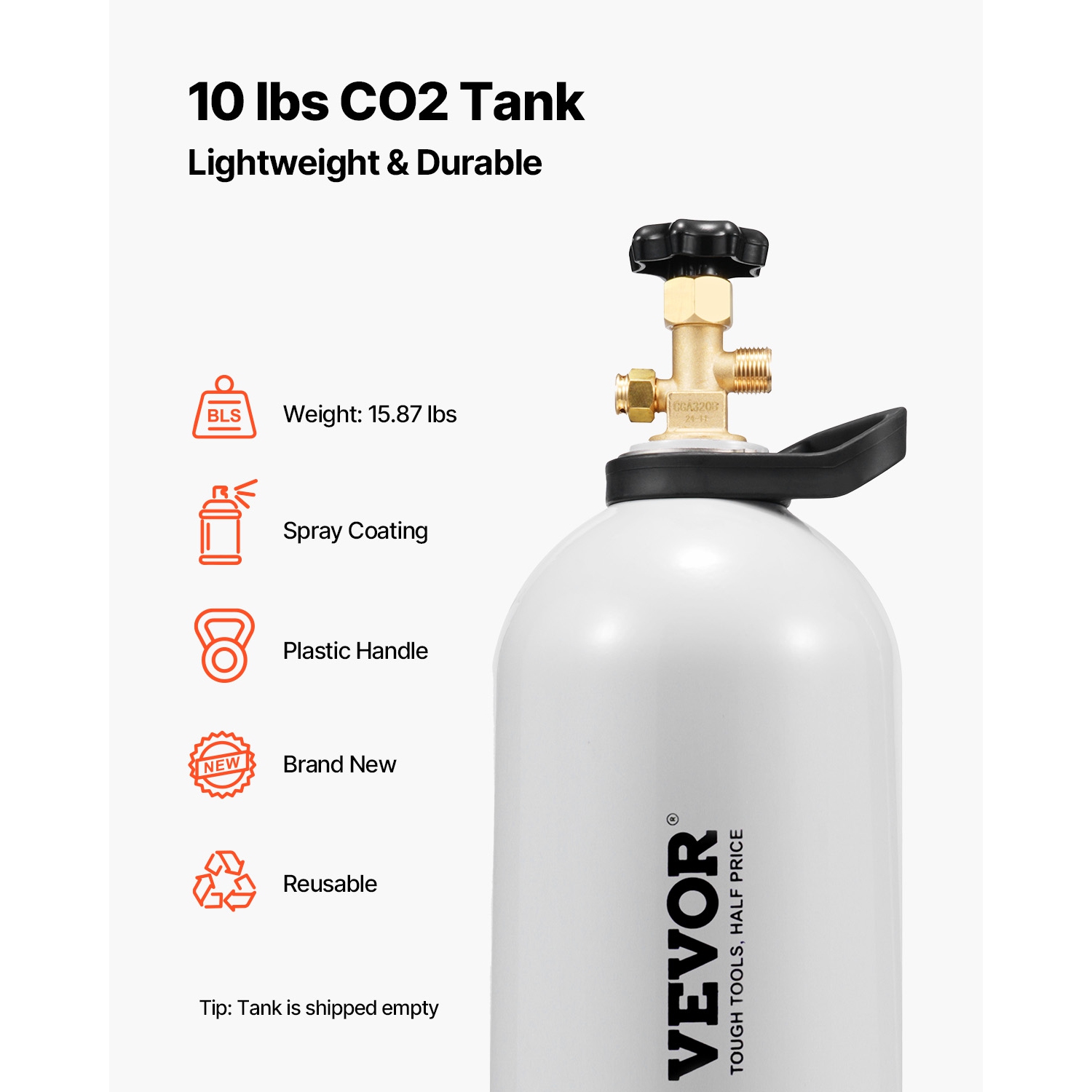 VEVOR CO2 Tank, 10 lbs New Aluminum Alloy Cylinder, CO2 Air Tank with Light Spray Coating, CGA320 Valve,Handle & Adjustable Pressure,DOT Approved