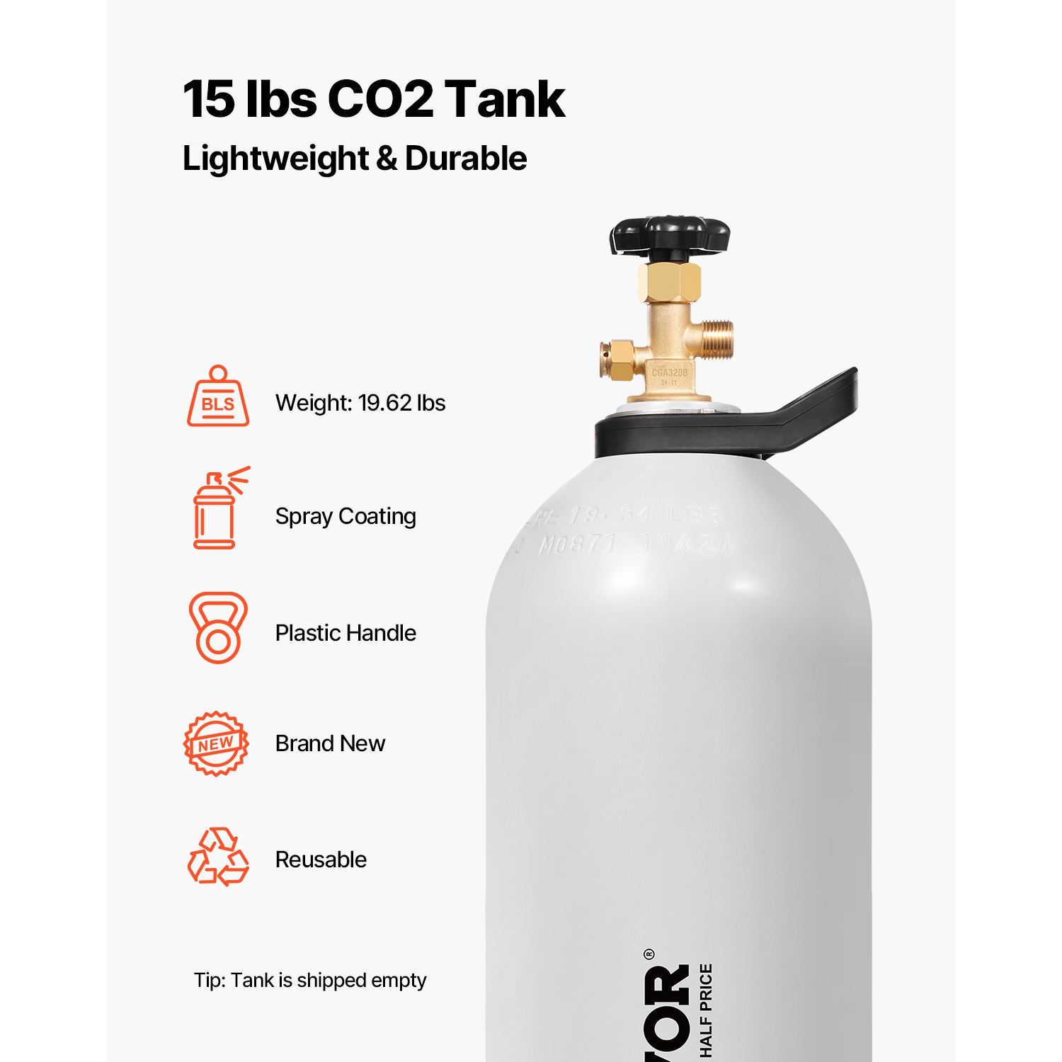 VEVOR CO2 Tank, 15 lbs New Aluminum Alloy Cylinder,CO2 Air Tank with Light Spray Coating, CGA320 Valve, Handle & Adjustable Pressure,DOT Approved