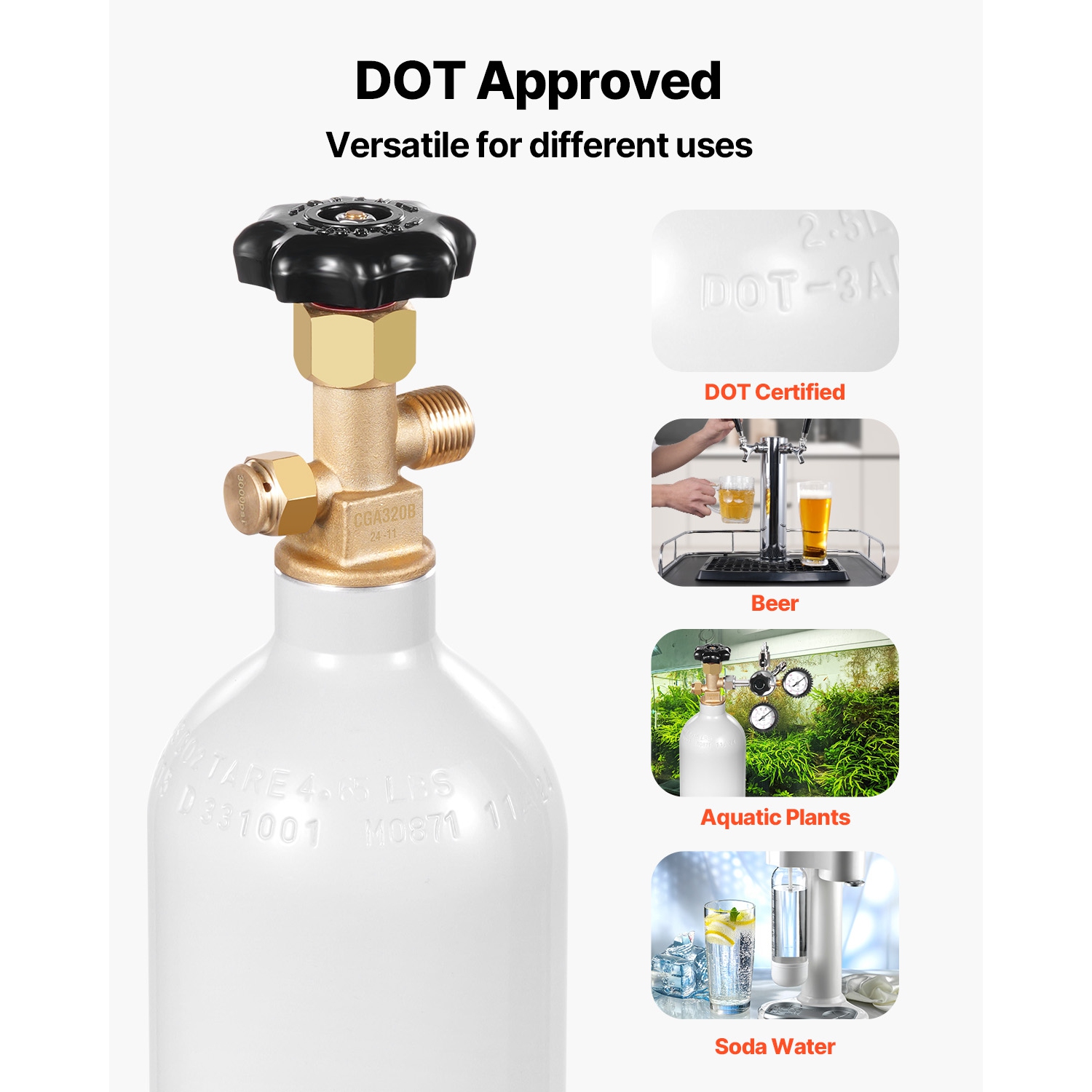 VEVOR CO2 Tank, 2.5 lbs New Aluminum Alloy Cylinder, CO2 Air Tank with Light Gray Spray Coating, CGA320 Valve & Adjustable Pressure, DOT Approved