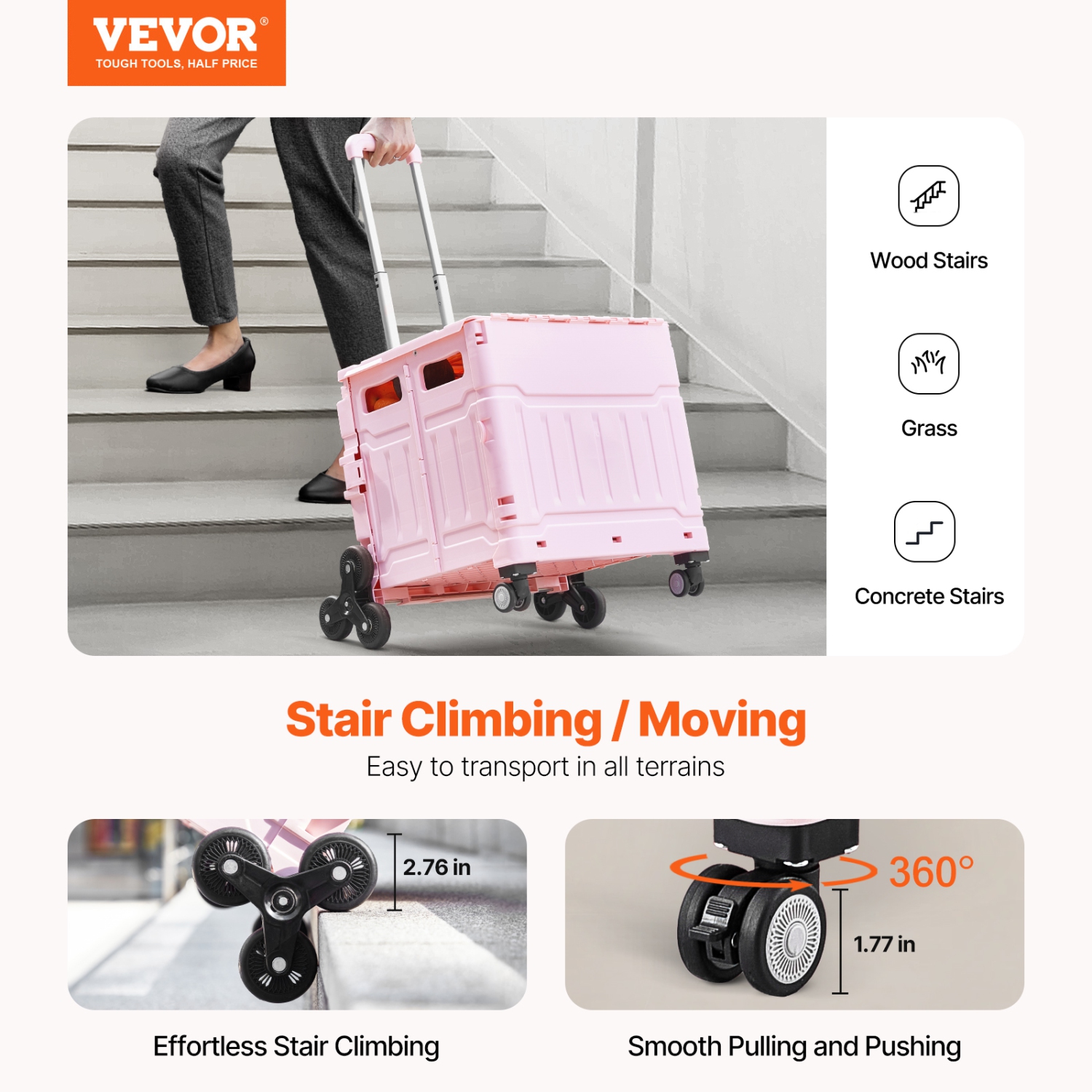 VEVOR 65L Collapsible Portable Crate Rolling Cart with Stair Climbing Wheels & 360° Swivel Wheels, Hand Cart with Telescoping Handle for Shopping