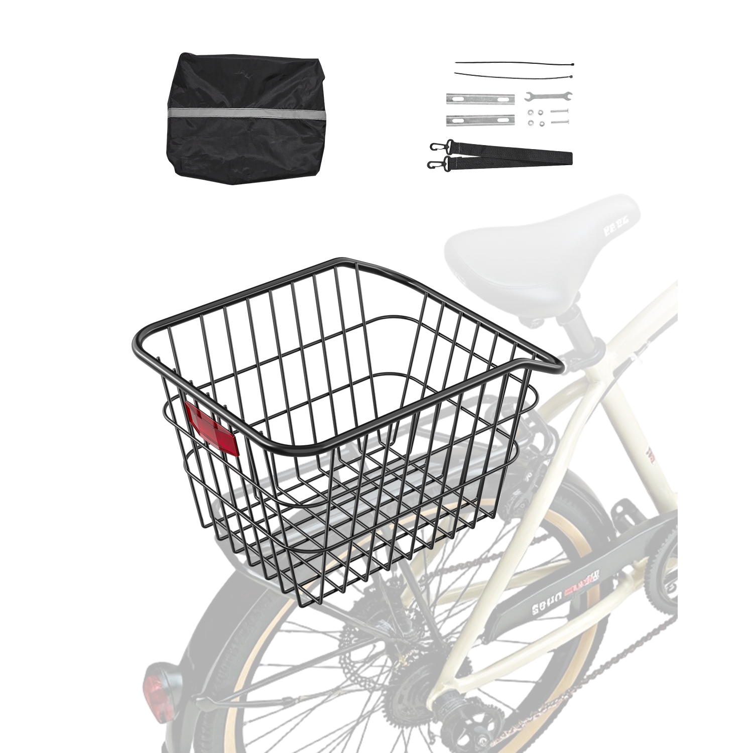 VEVOR Rear Bike Basket, Metal Wire Bicycle Basket with Reflective Tail Light & Waterproof Cover, Durable Bike Back Basket, Fits to Most Rear Bike