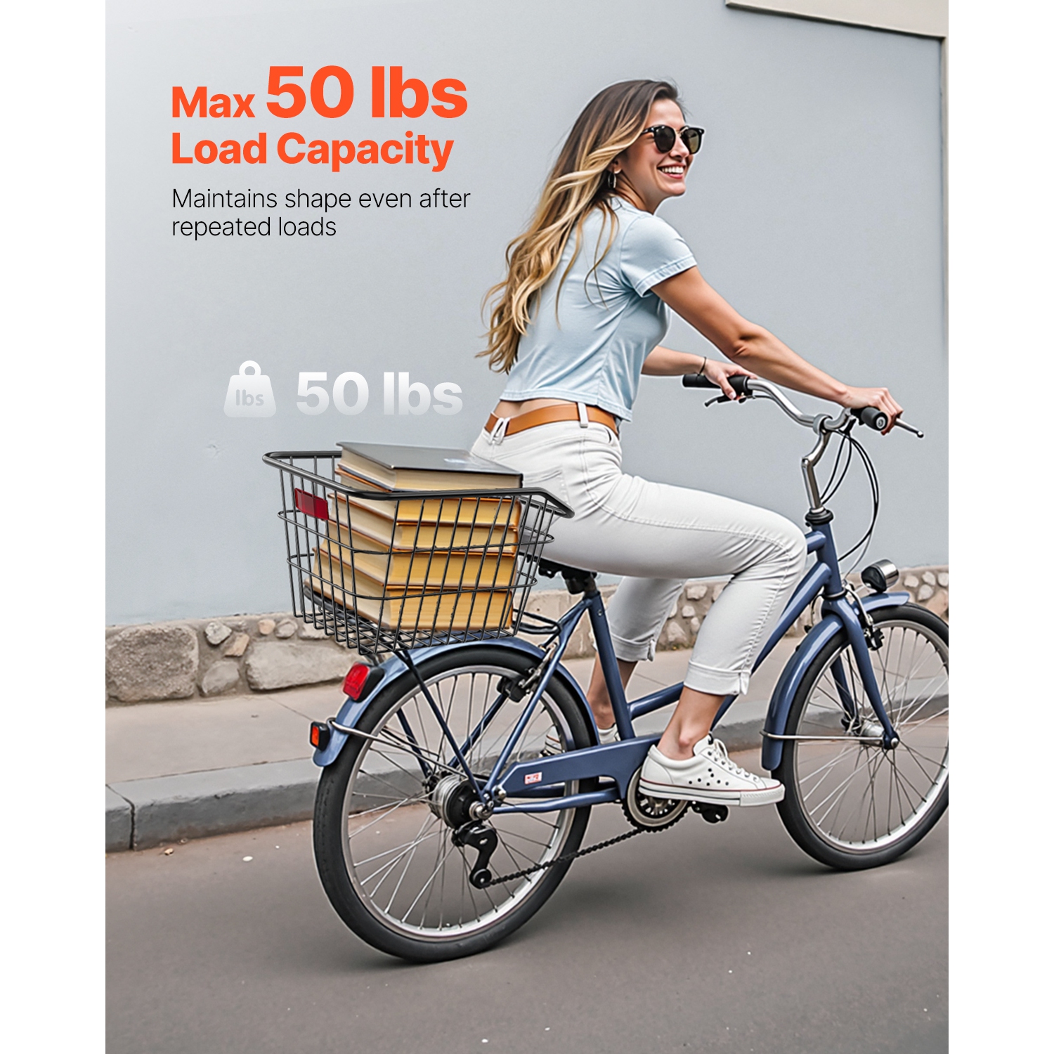 VEVOR Rear Bike Basket, Metal Wire Bicycle Basket with Reflective Tail Light & Waterproof Cover, Durable Bike Back Basket, Fits to Most Rear Bike