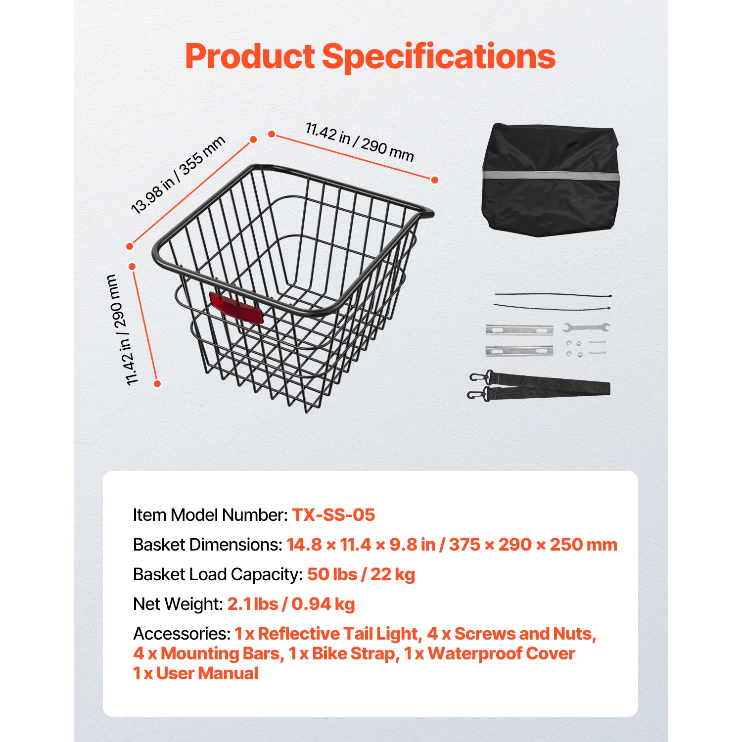 VEVOR Rear Bike Basket, Metal Wire Bicycle Basket with Reflective Tail Light & Waterproof Cover, Durable Bike Back Basket, Fits to Most Rear Bike