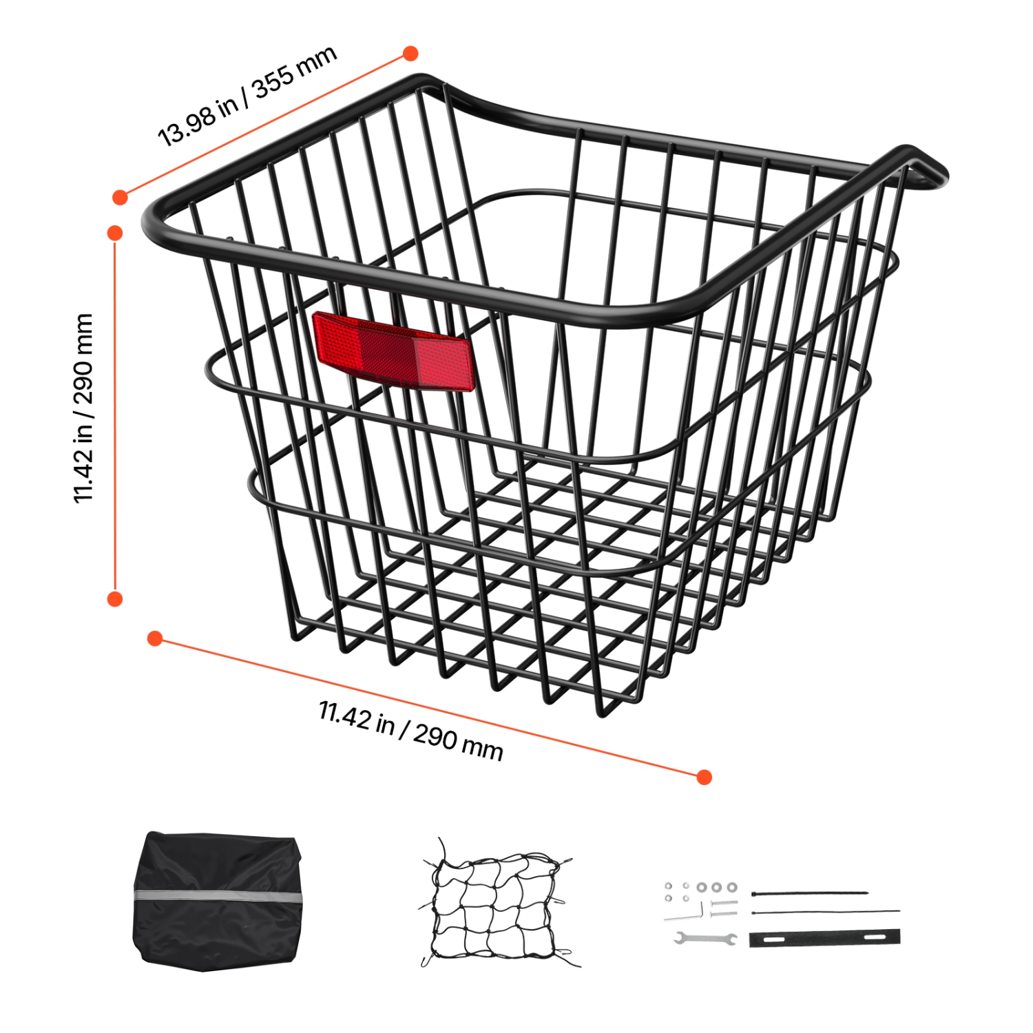 VEVOR Rear Bike Basket, Metal Wire Bicycle Basket with Reflective Tail Light & Waterproof Cover, Durable Bike Back Basket, Fits to Most Rear Bike