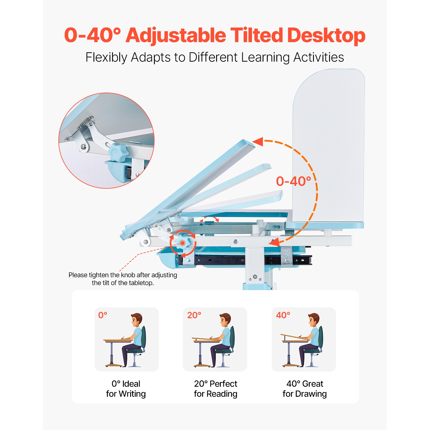 VEVOR 0-40° Tilted Kids Study Chair and Desk Set, Study Desk and Chair for Kids with Bookshelf & Storage Drawer, Adjustable Height, Study Table for