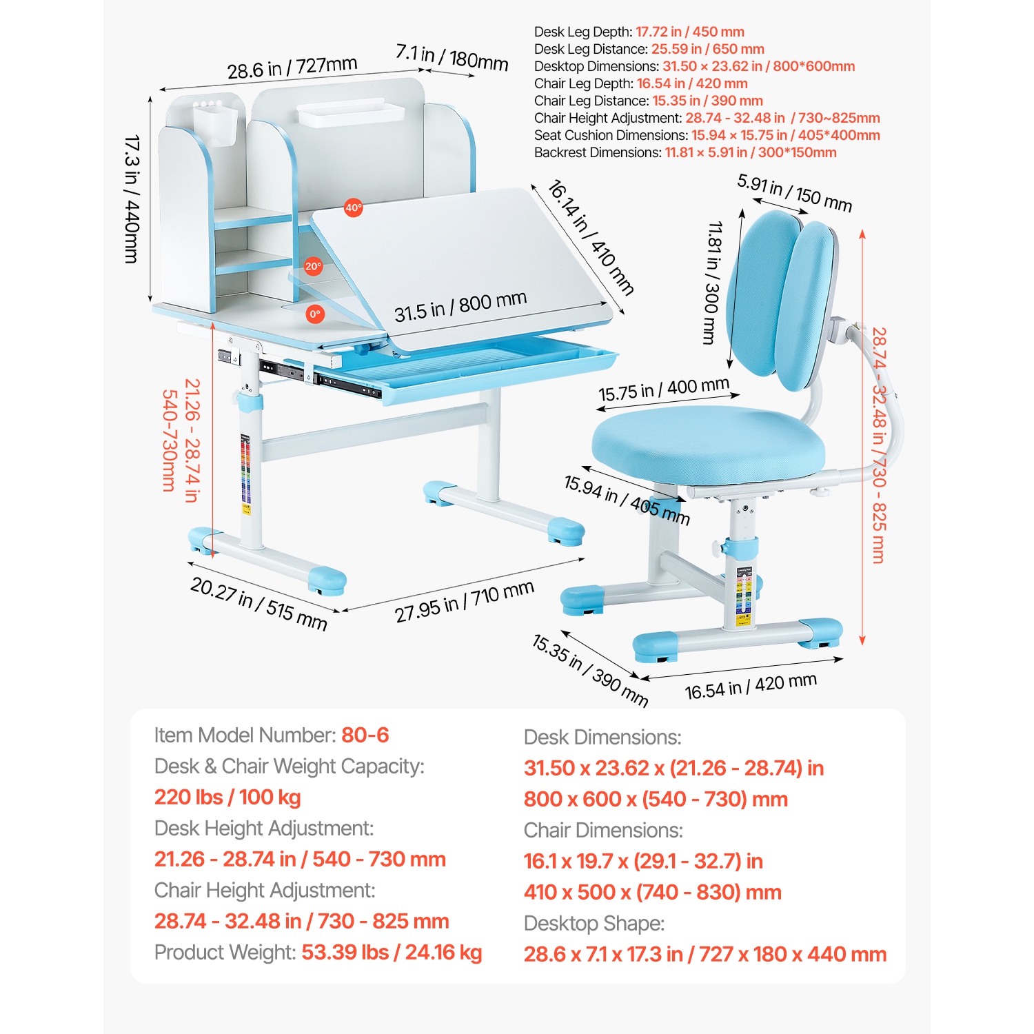 VEVOR 0-40° Tilted Kids Study Chair and Desk Set, Study Desk and Chair for Kids with Bookshelf & Storage Drawer, Adjustable Height, Study Table for