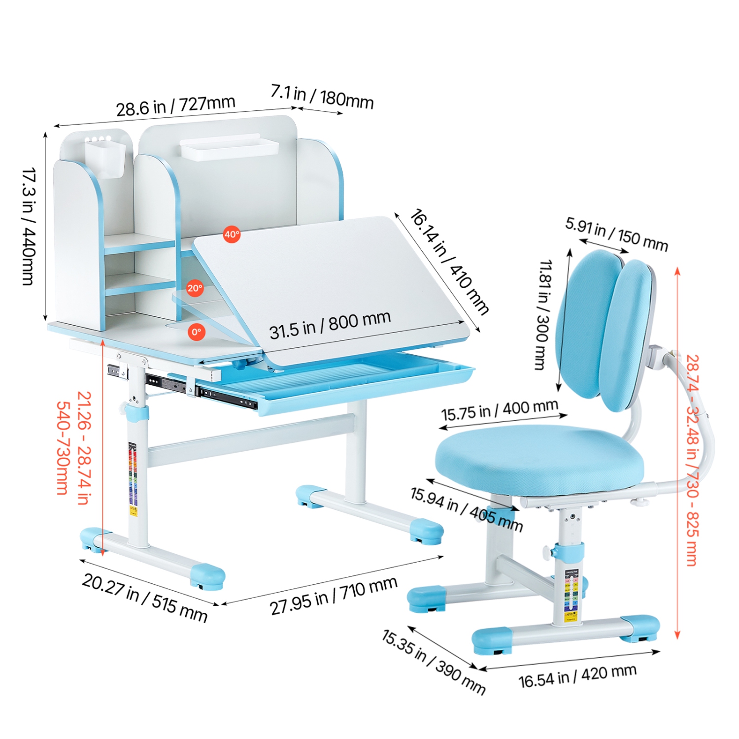 VEVOR 0-40° Tilted Kids Study Chair and Desk Set, Study Desk and Chair for Kids with Bookshelf & Storage Drawer, Adjustable Height, Study Table for