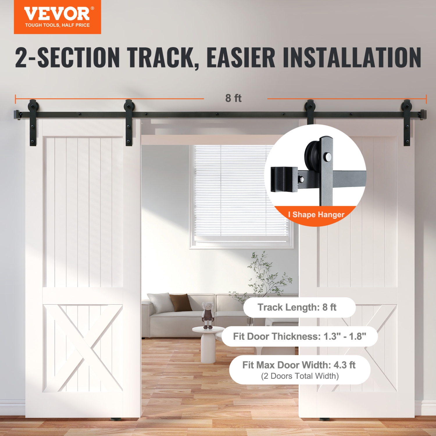 VEVOR 8FT Sliding Barn Door Hardware Kit, 330LBS Barn Door Track Kit for Double Doors, Fit 3.7-4.3FT Wide and 1.3"-1.8" Thick 2 Door Panel, with