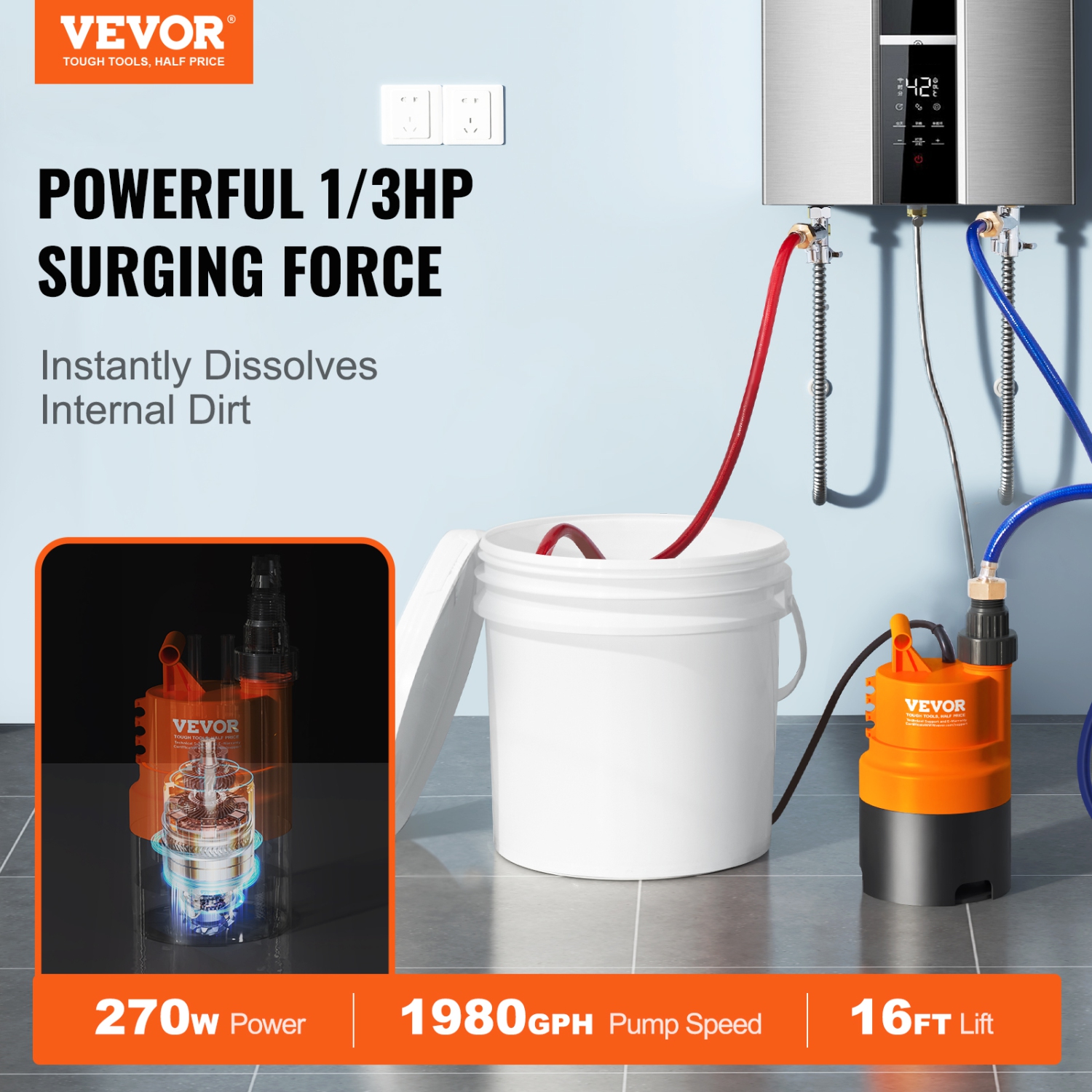 VEVOR 3.7 Gallon Pail Tankless Water Heater Flushing Kit, Includes Efficient Pump & 2 Hoses, Wrench and Adapter for Quick Install, Easy to Start