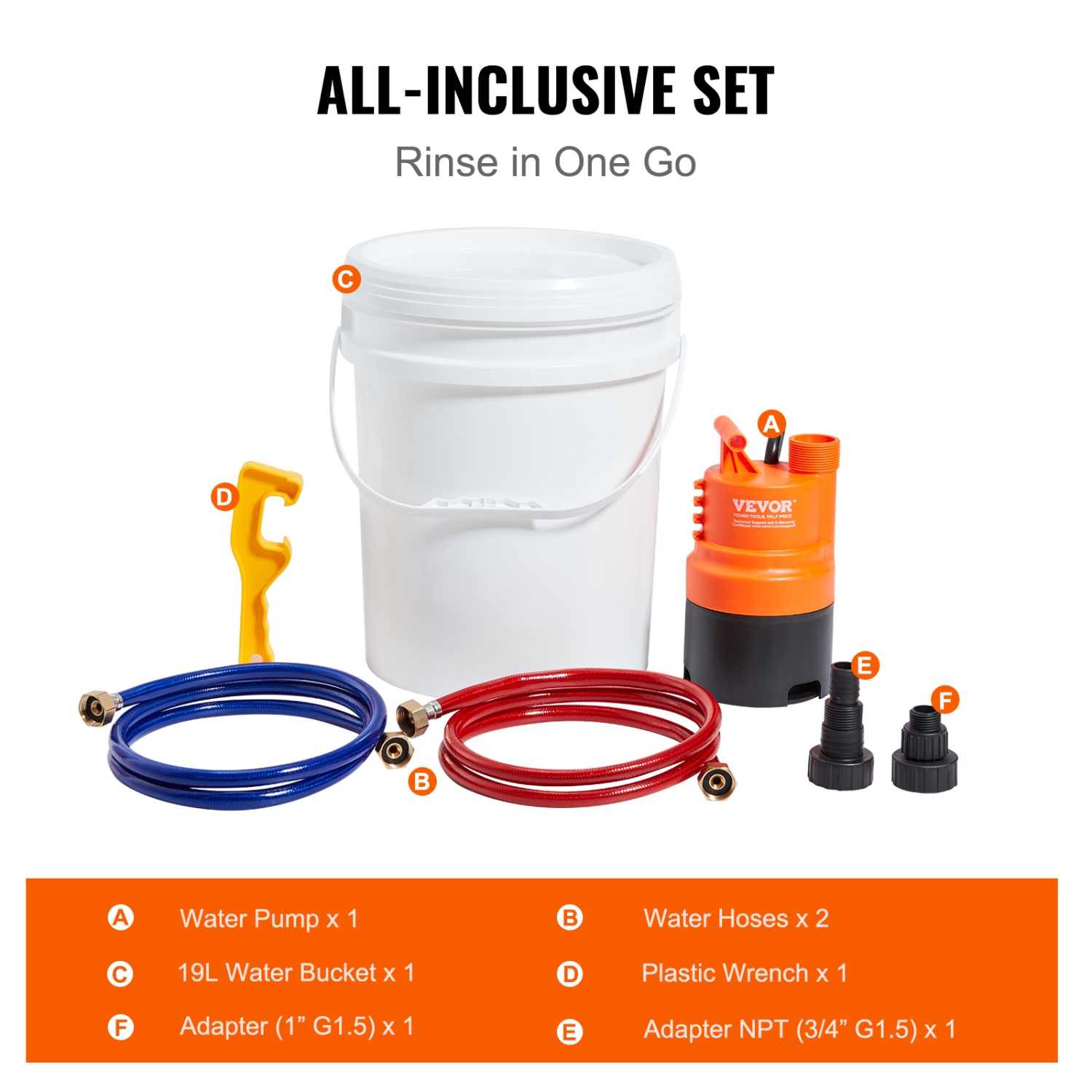 VEVOR 3.7 Gallon Pail Tankless Water Heater Flushing Kit, Includes Efficient Pump & 2 Hoses, Wrench and Adapter for Quick Install, Easy to Start