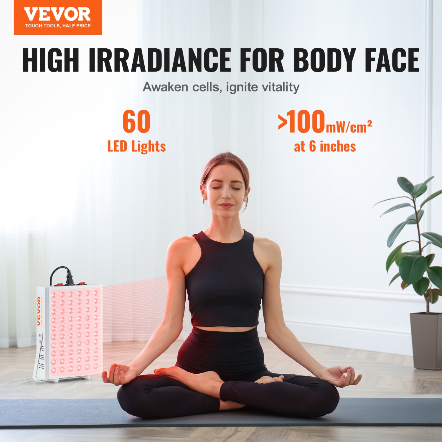 VEVOR 80W Red Light Therapy for Body Face, 60 Dual-Chip LEDs, Red 660nm & Near Infrared 850nm Combo, Red Light Therapy Panel for Recovery, Pain