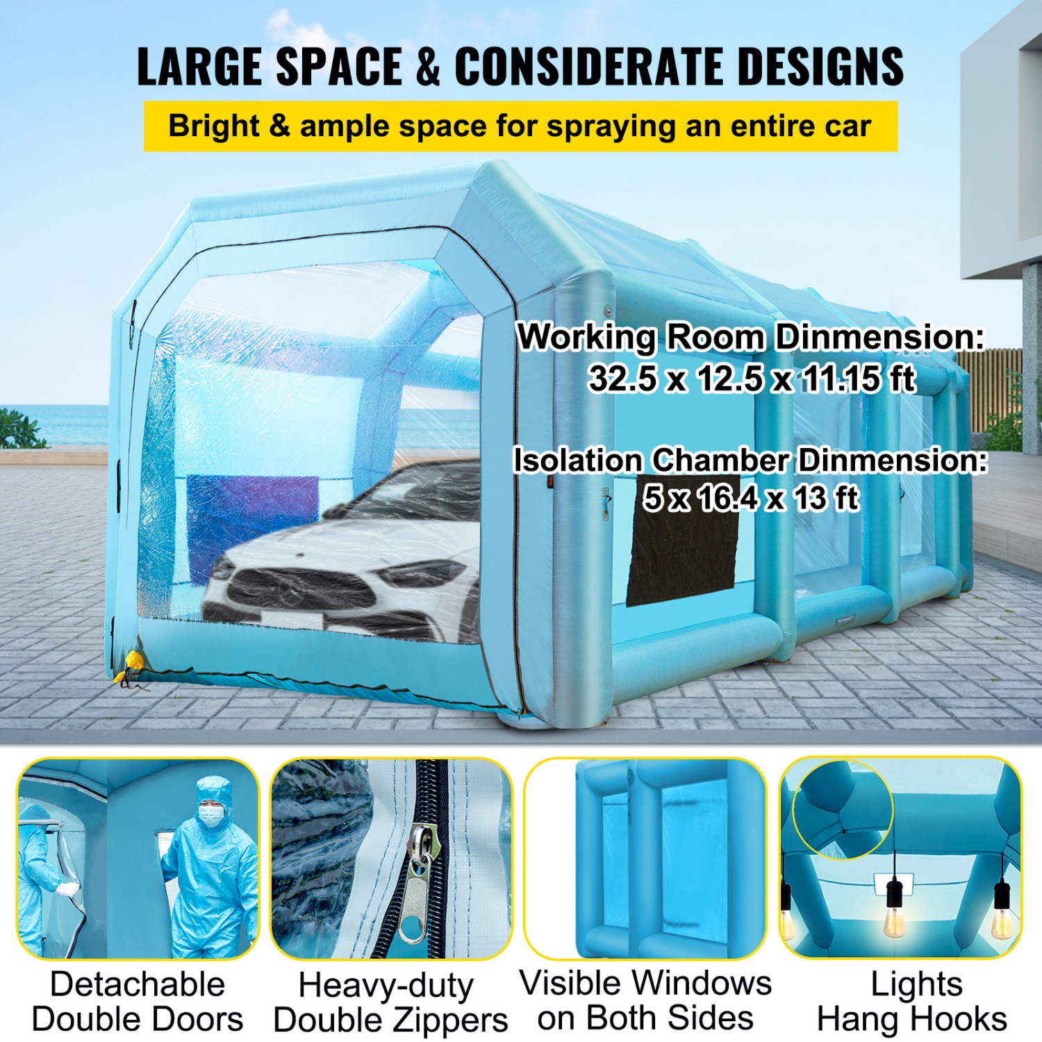 VEVOR 39.4x16.4x13.1 ft Inflatable Spray Paint Booth,with 2 Powerful Blowers, Inflatable Spray Booth with Air Filter System, Car Paint Booth for Car