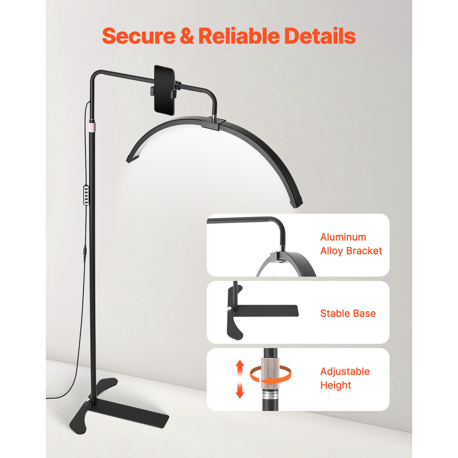 VEVOR 26 inch Half Moon Light,Dimmable LED Floor Lamp Lash Light for Eyelash Extensions,Arched Eyelash Lamp with Phone Holder,Remote Control,for