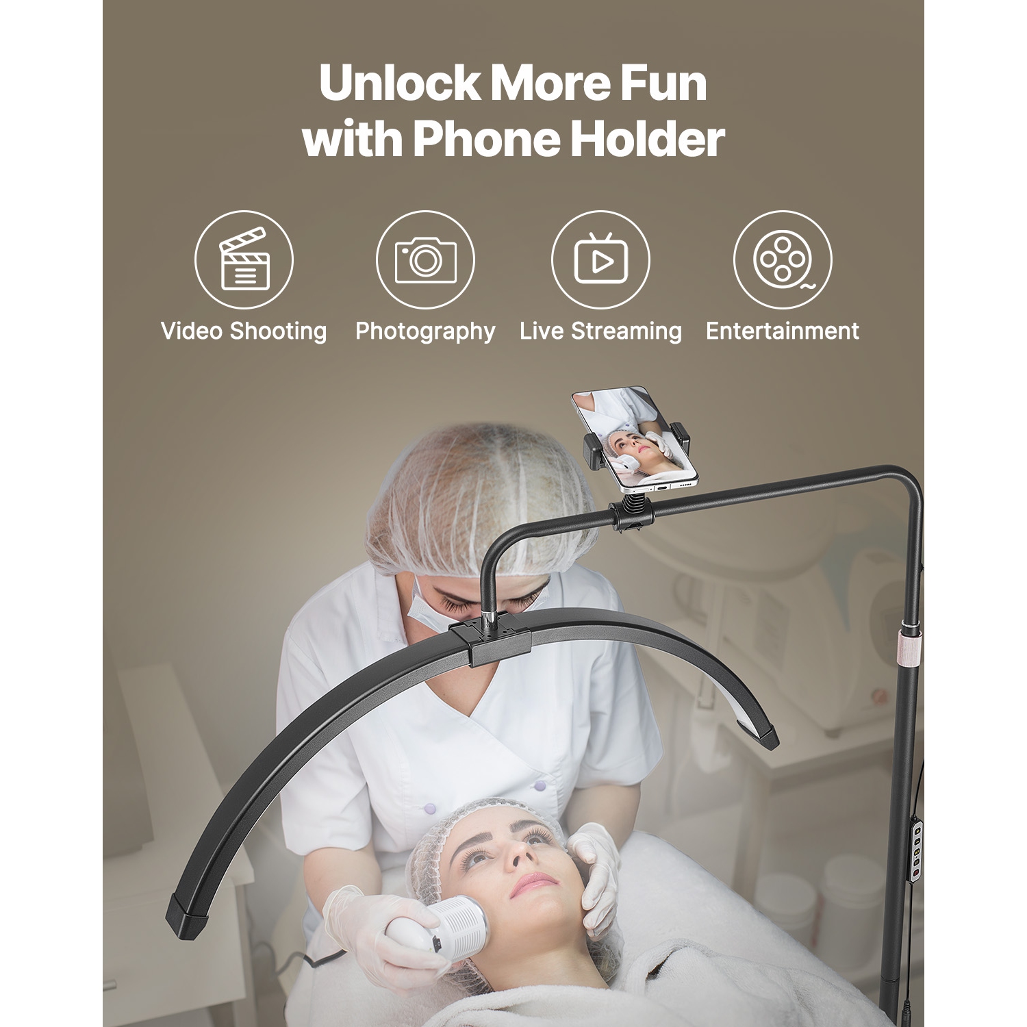 VEVOR 26 inch Half Moon Light,Dimmable LED Floor Lamp Lash Light for Eyelash Extensions,Arched Eyelash Lamp with Phone Holder,Remote Control,for