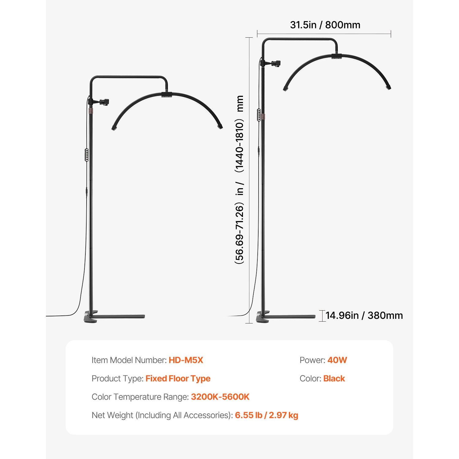 VEVOR 26 inch Half Moon Light,Dimmable LED Floor Lamp Lash Light for Eyelash Extensions,Arched Eyelash Lamp with Phone Holder,Remote Control,for