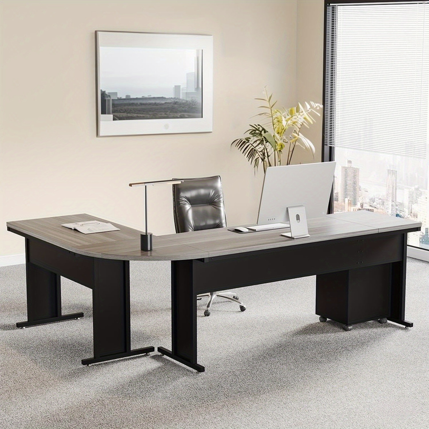 Lantine – Bureau de direction en L de 83&nbsp;po avec classeur, grand bureau d'ordinateur en L avec tiroirs, bureau de travail pour bureau à domicile