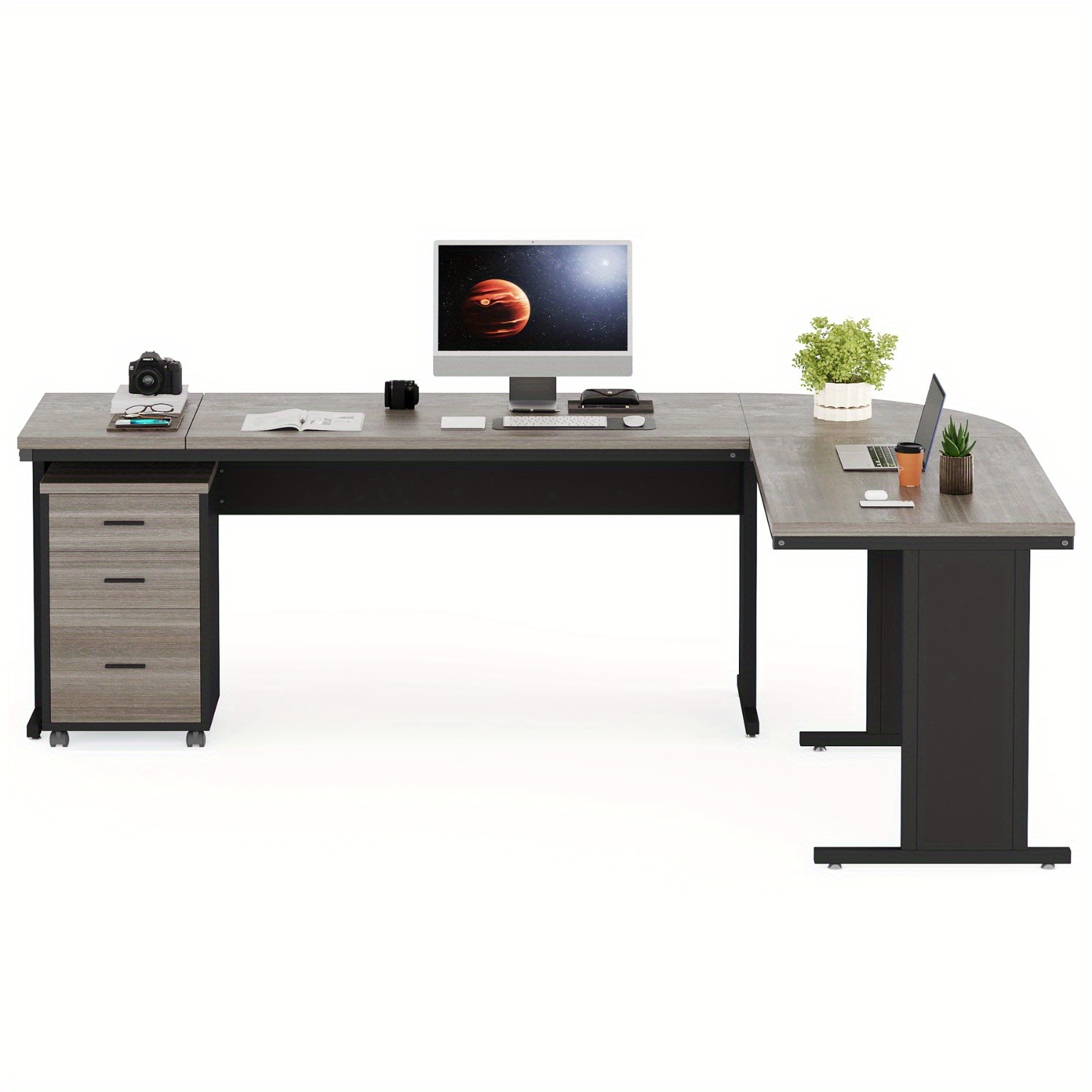 Lantine – Bureau de direction en L de 83&nbsp;po avec classeur, grand bureau d'ordinateur en L avec tiroirs, bureau de travail pour bureau à domicile