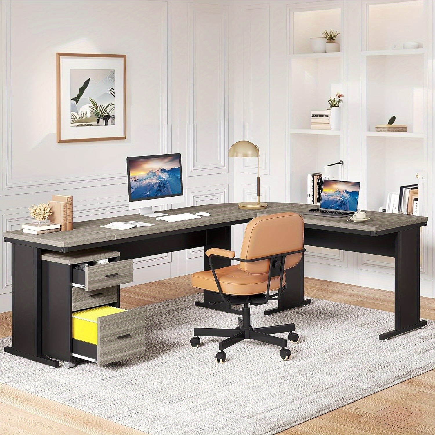 Lantine – Bureau de direction en L de 83&nbsp;po avec classeur, grand bureau d'ordinateur en L avec tiroirs, bureau de travail pour bureau à domicile