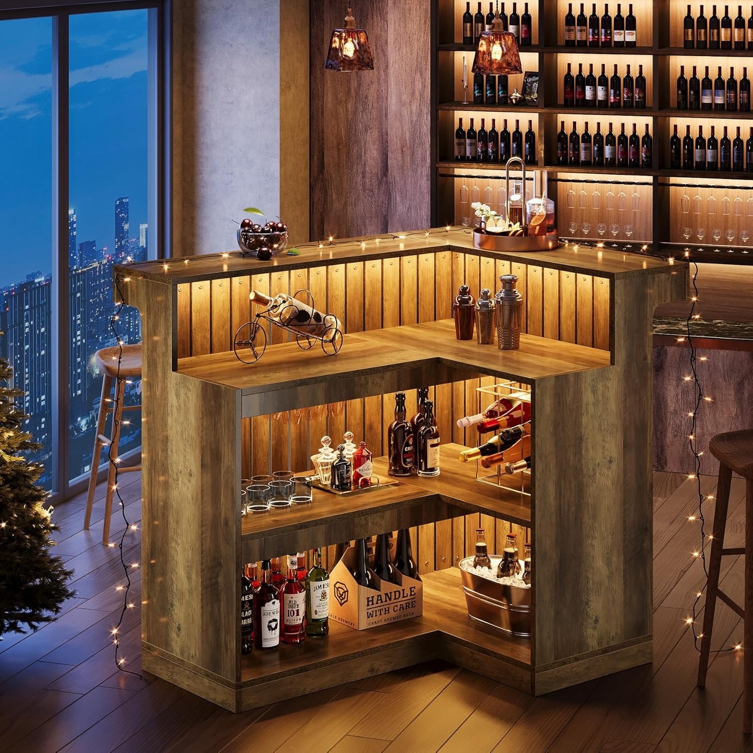 Lantine L-Shaped Home Bar Unit, 4-Tier Corner Liquor Bar Table with Storage Shelves and Wine Glasses Holder, Industrial Wine Cabinet Reception Desk