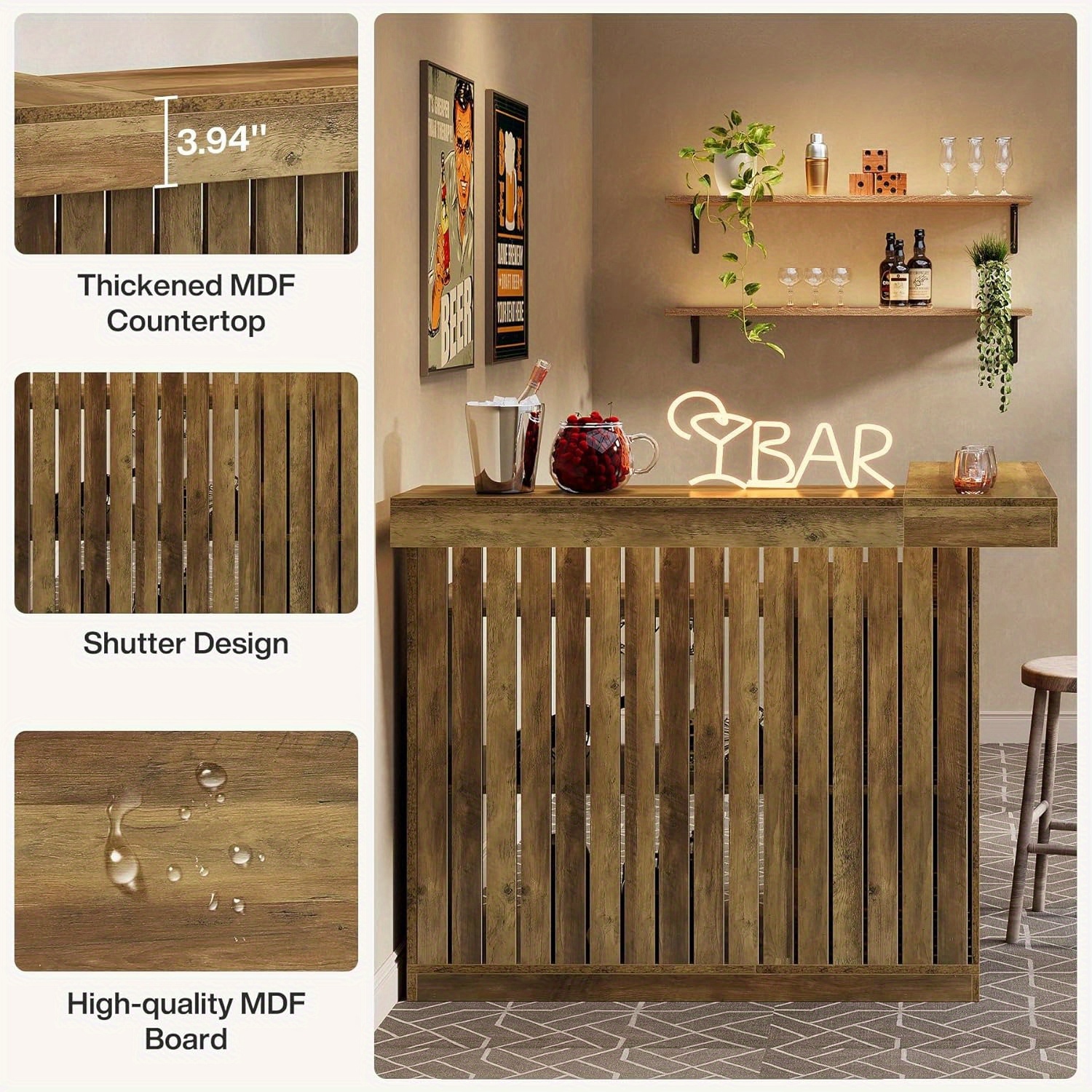 Lantine L-Shaped Home Bar Unit, 4-Tier Corner Liquor Bar Table with Storage Shelves and Wine Glasses Holder, Industrial Wine Cabinet Reception Desk